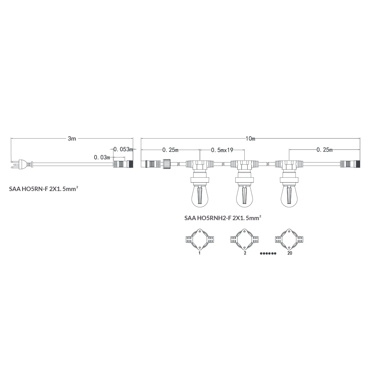 10M Festoon String Lights at 50 cm intervals with 20 Bulbs