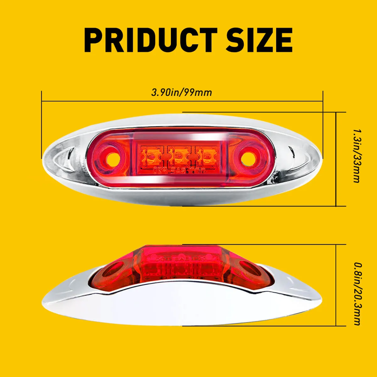 10Pcs 3-LED 3.9-Inch Oval Side Marker Lights with Chrome Bezel Truck Trailer Clearance Light Waterproof 12V