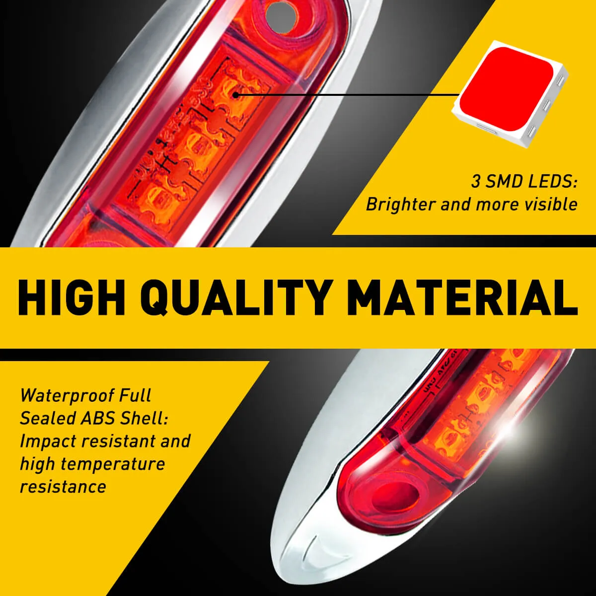 10Pcs 3-LED 3.9-Inch Oval Side Marker Lights with Chrome Bezel Truck Trailer Clearance Light Waterproof 12V