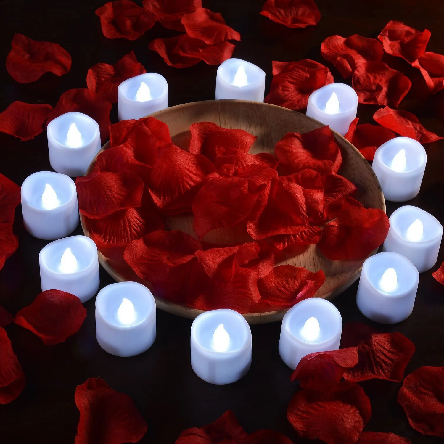 12-Pieces: LED Tealight Candle with 100-Pieces Fake Rose Petals