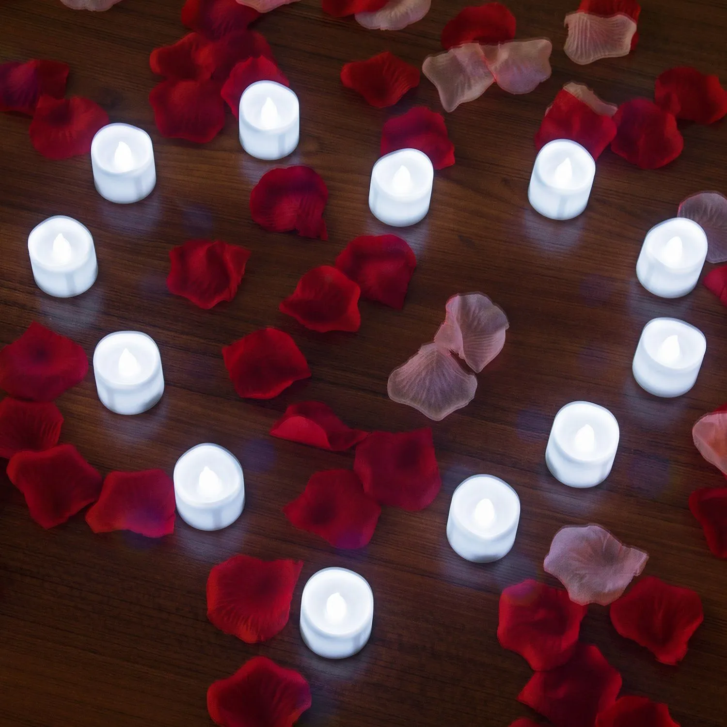 12-Pieces: LED Tealight Candle with 100-Pieces Fake Rose Petals