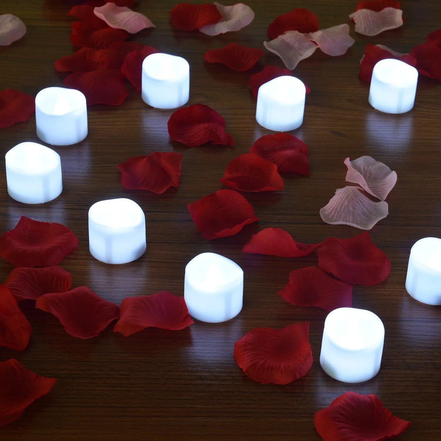 12-Pieces: LED Tealight Candle with 100-Pieces Fake Rose Petals