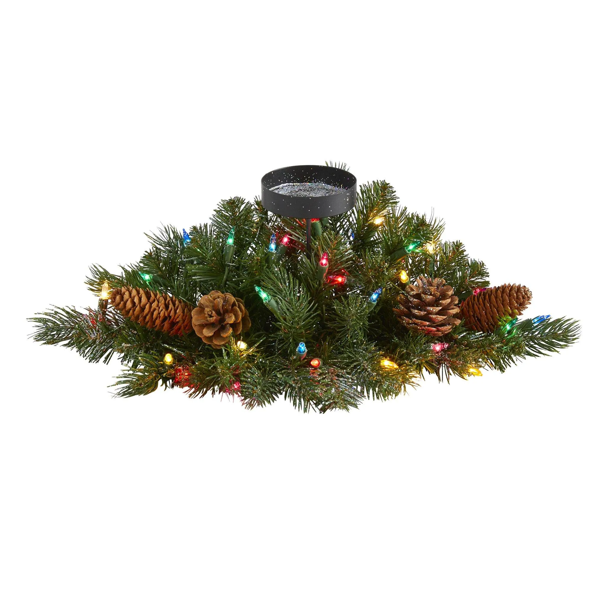 16” Flocked and Glittered Artificial Christmas Pine Candelabrum with 35 Multicolored Lights and Pine Cones