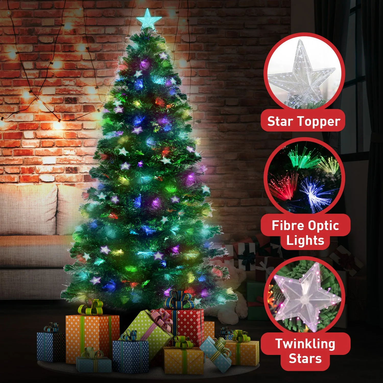 2.4m Fibre Optic Christmas Tree with Lights & Stars