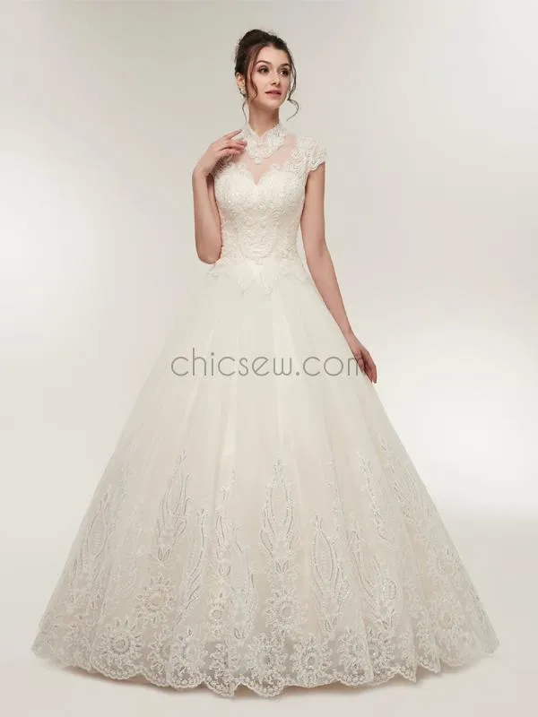 A-line Lace Cap Sleeves Beaded Long Romantic Wedding Dresses,Bridal Dresses LMX1155