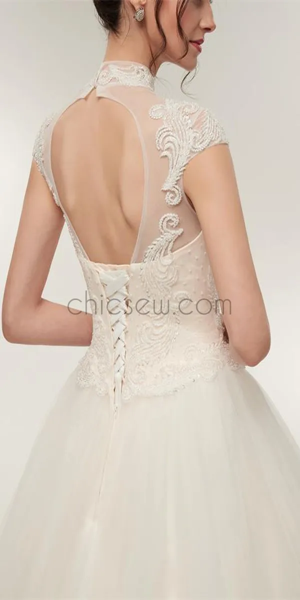 A-line Lace Cap Sleeves Beaded Long Romantic Wedding Dresses,Bridal Dresses LMX1155