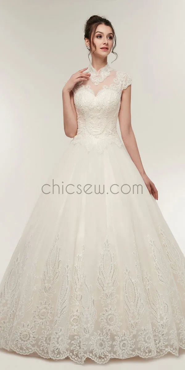 A-line Lace Cap Sleeves Beaded Long Romantic Wedding Dresses,Bridal Dresses LMX1155