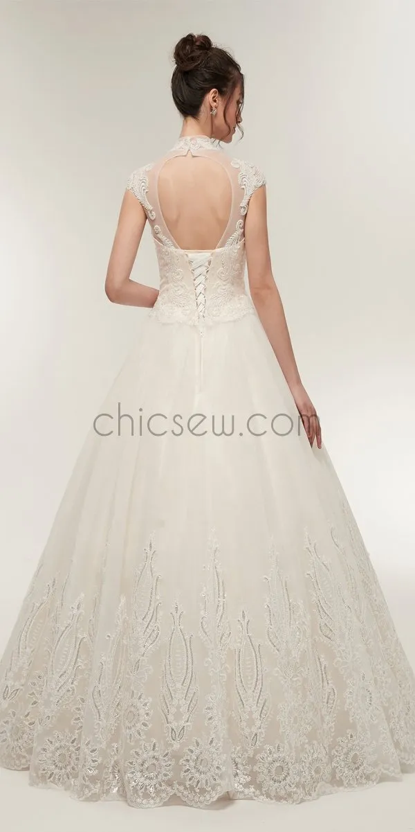 A-line Lace Cap Sleeves Beaded Long Romantic Wedding Dresses,Bridal Dresses LMX1155