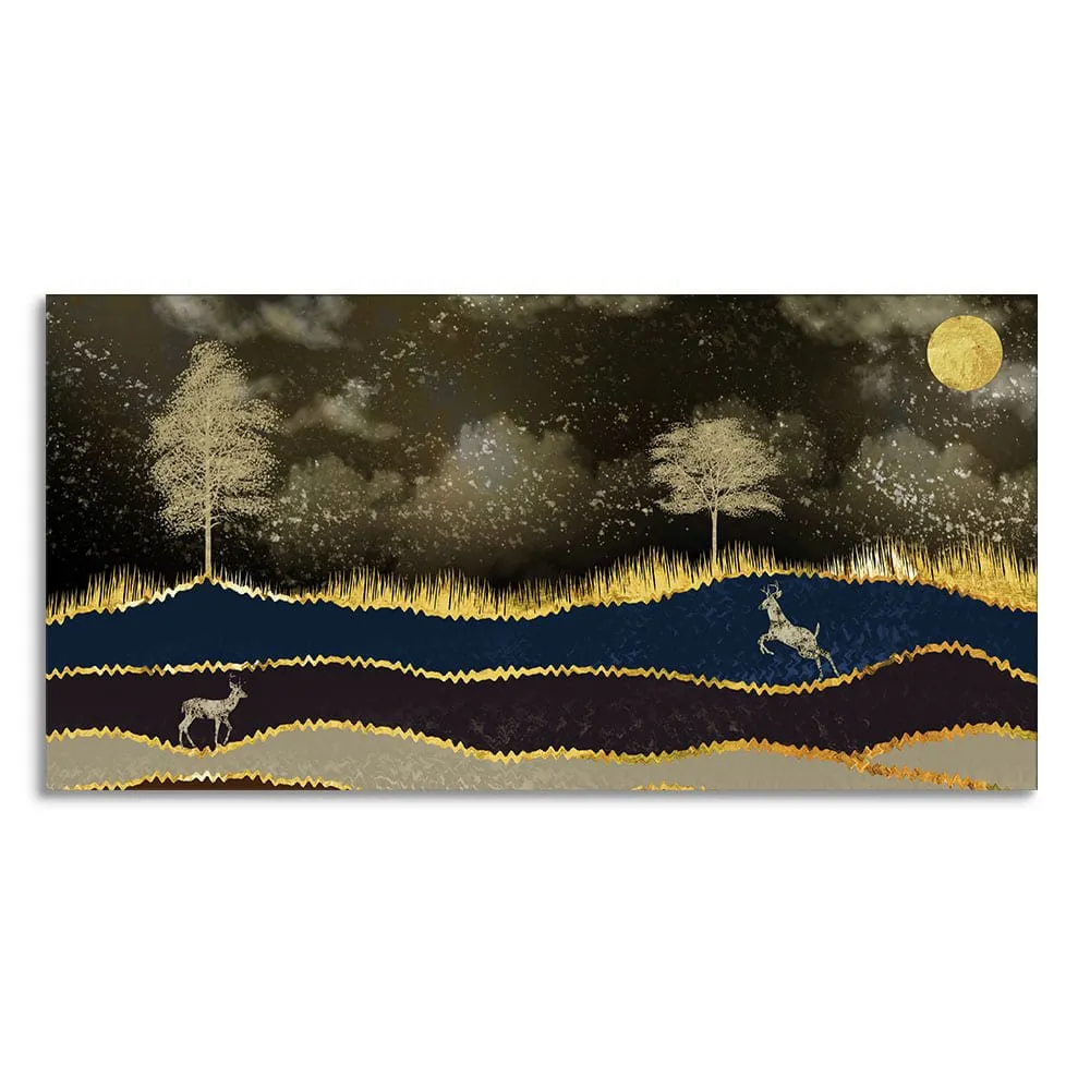 Abstract Midnight Golden Scenery with Deer Canvas Wall Painting