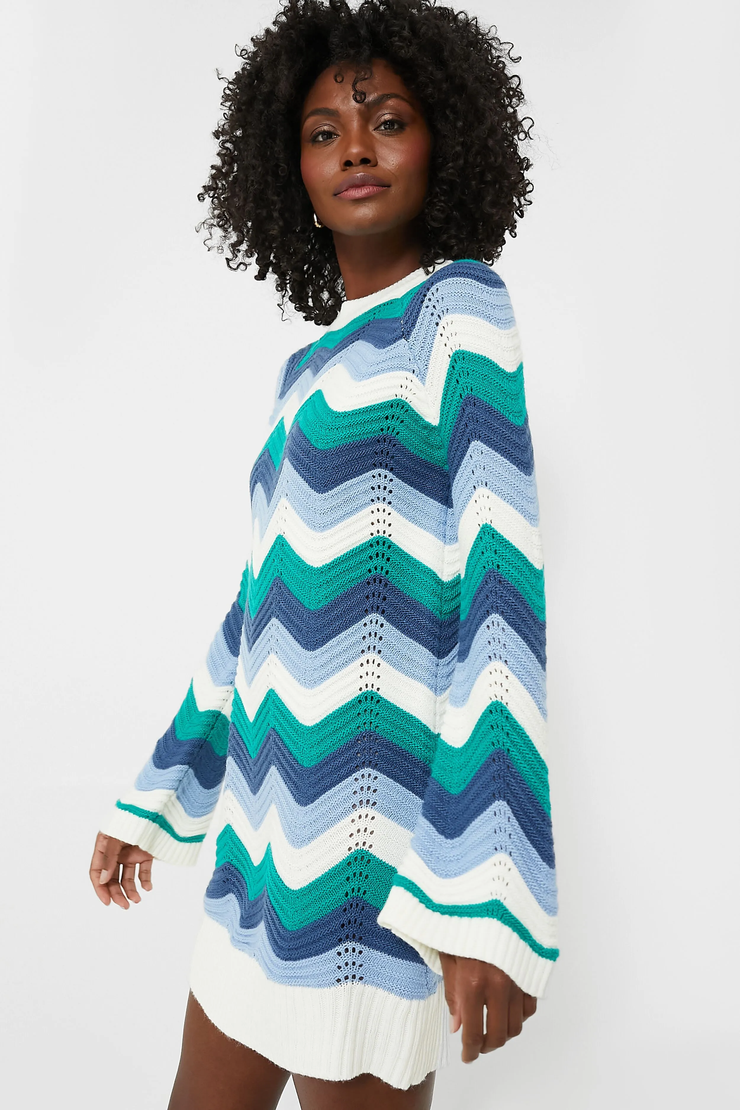 Aqua Wavy Bell Sleeve Beatriz Mini Dress