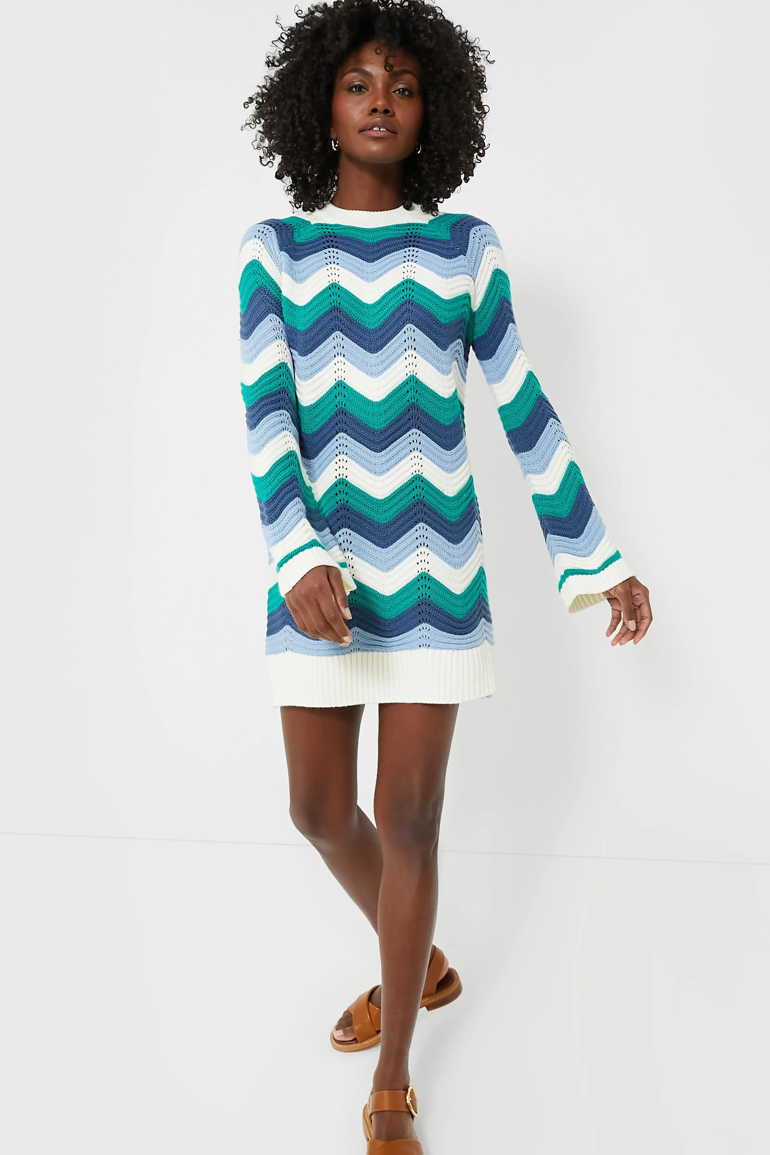 Aqua Wavy Bell Sleeve Beatriz Mini Dress