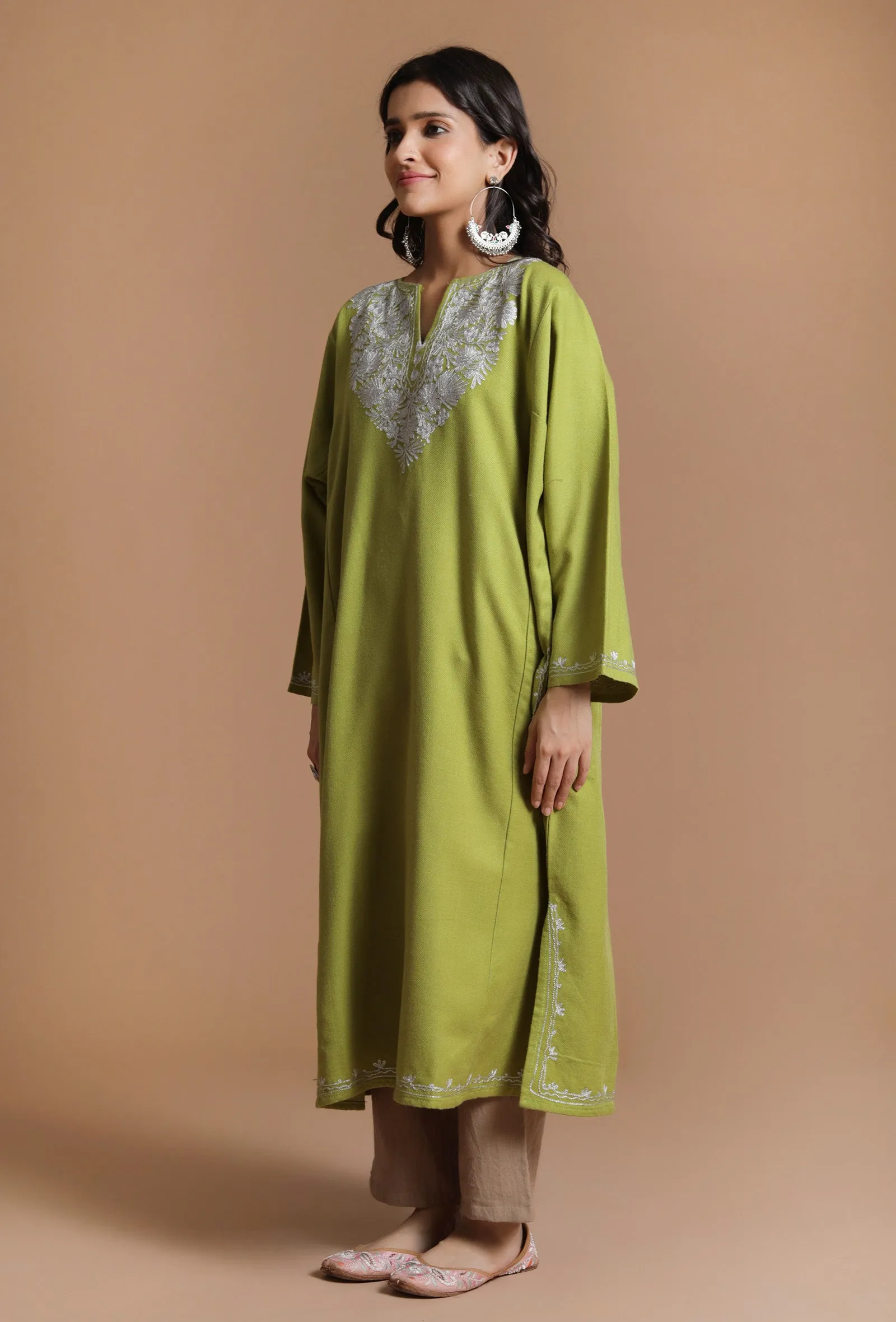 Avocado Green Aari Embroidered Kashmiri Phiran-Free Size