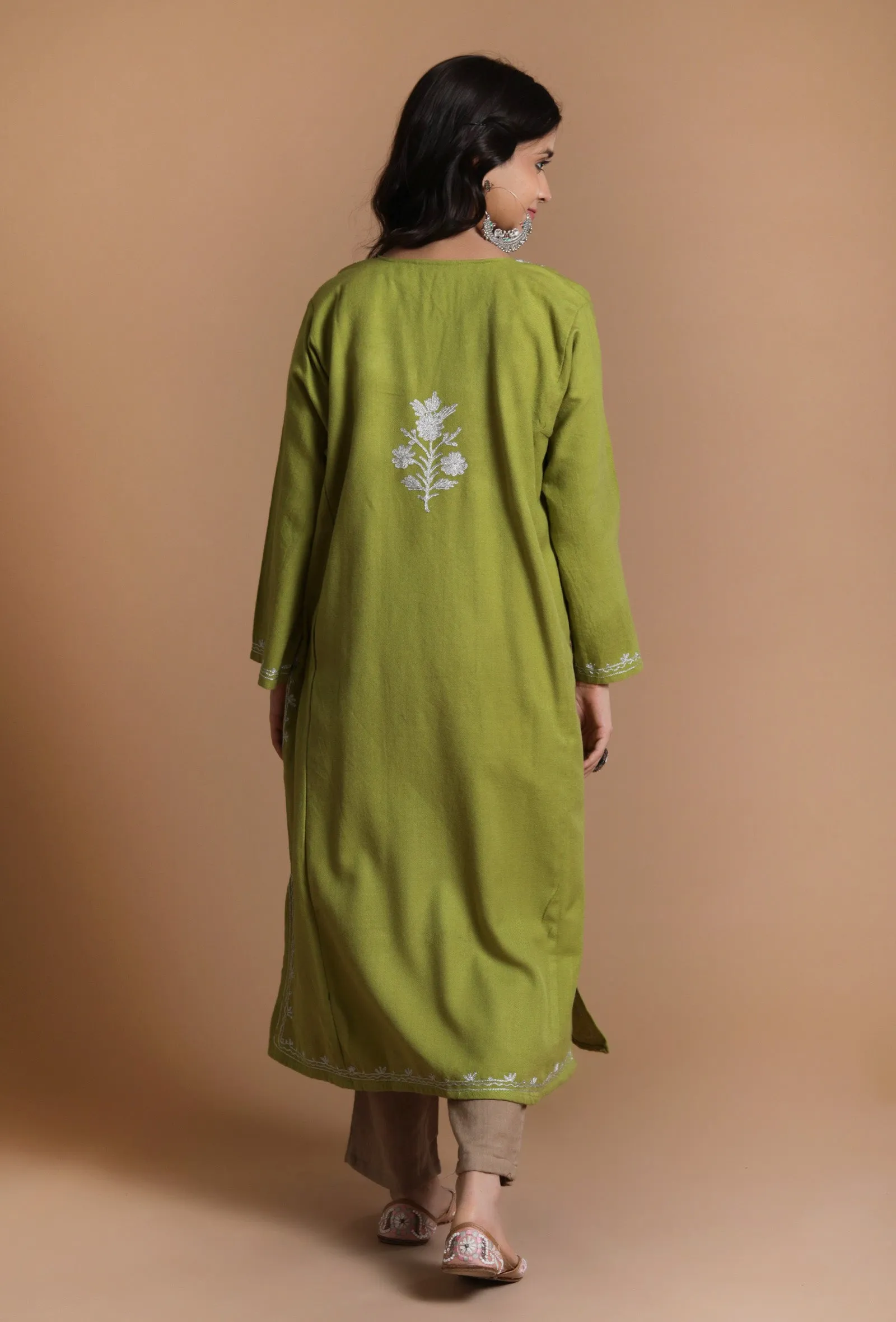 Avocado Green Aari Embroidered Kashmiri Phiran-Free Size