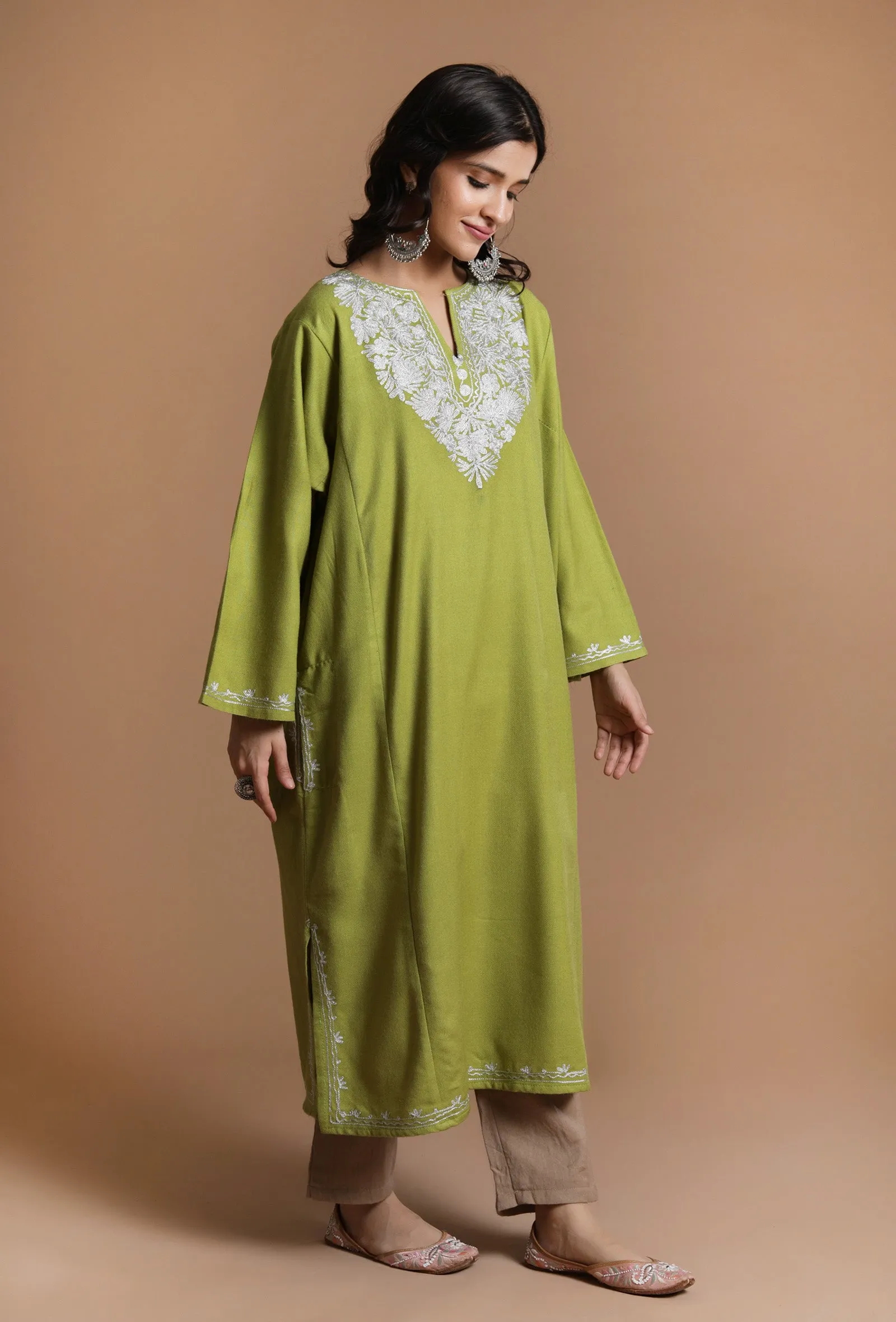 Avocado Green Aari Embroidered Kashmiri Phiran-Free Size