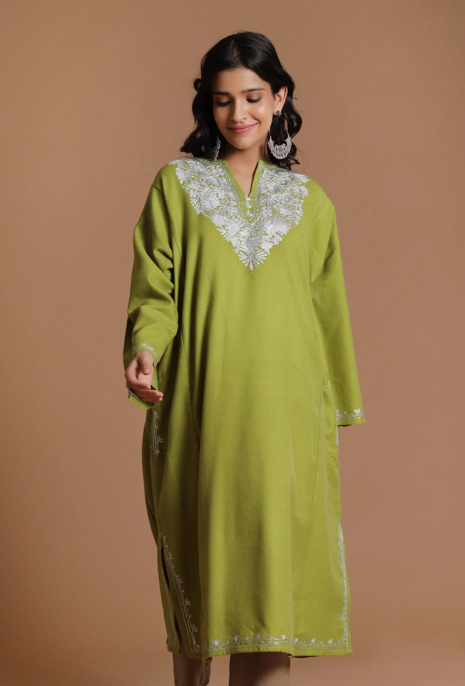 Avocado Green Aari Embroidered Kashmiri Phiran-Free Size