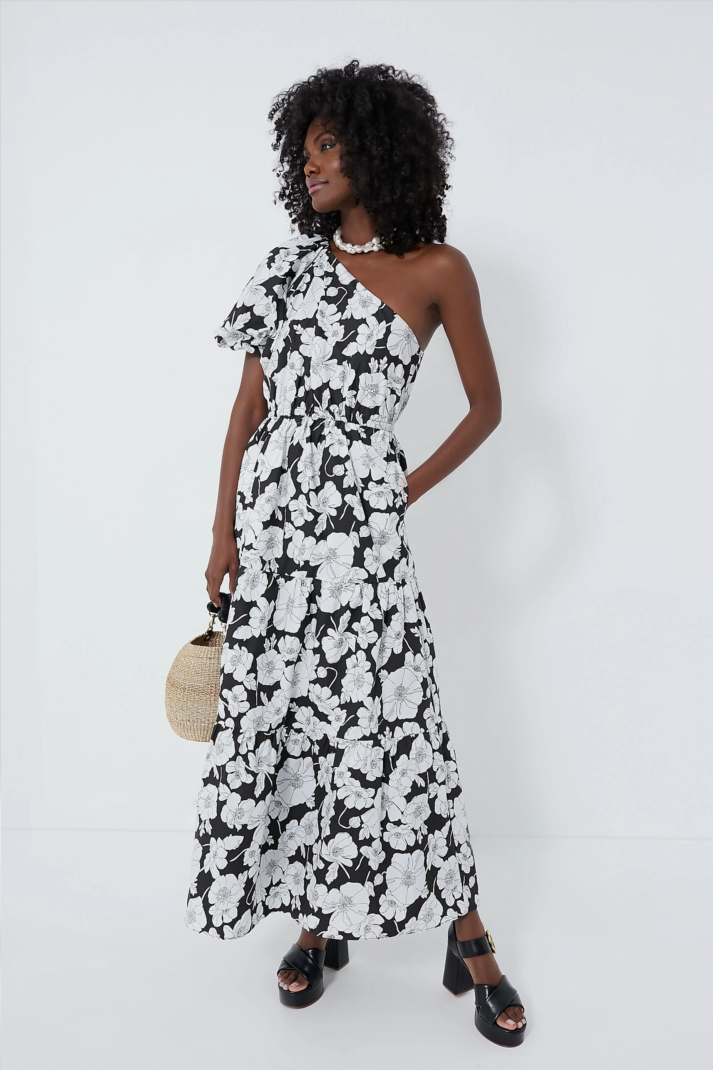 Black & White Floral One Shoulder Maureen Maxi Dress