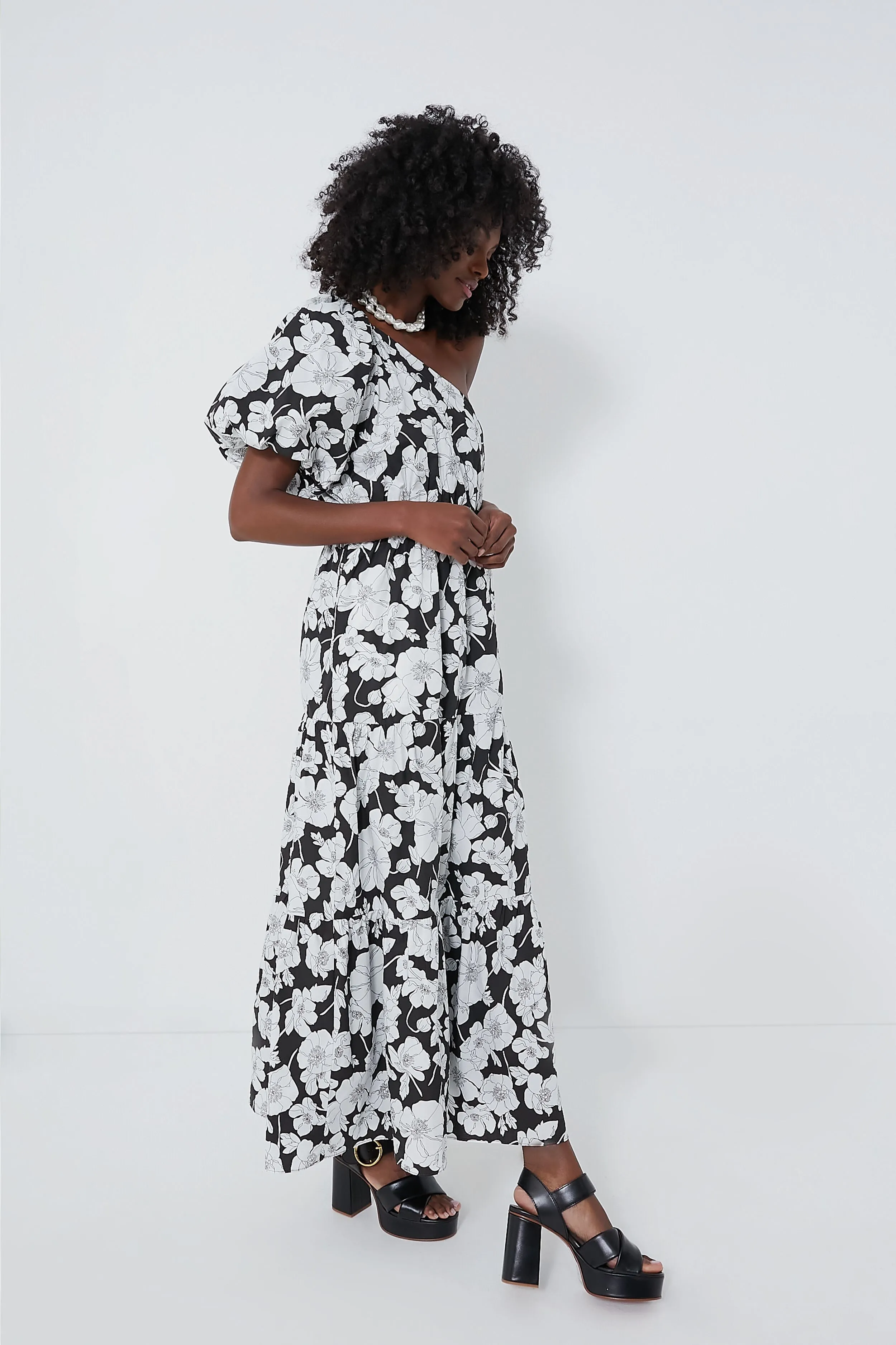 Black & White Floral One Shoulder Maureen Maxi Dress