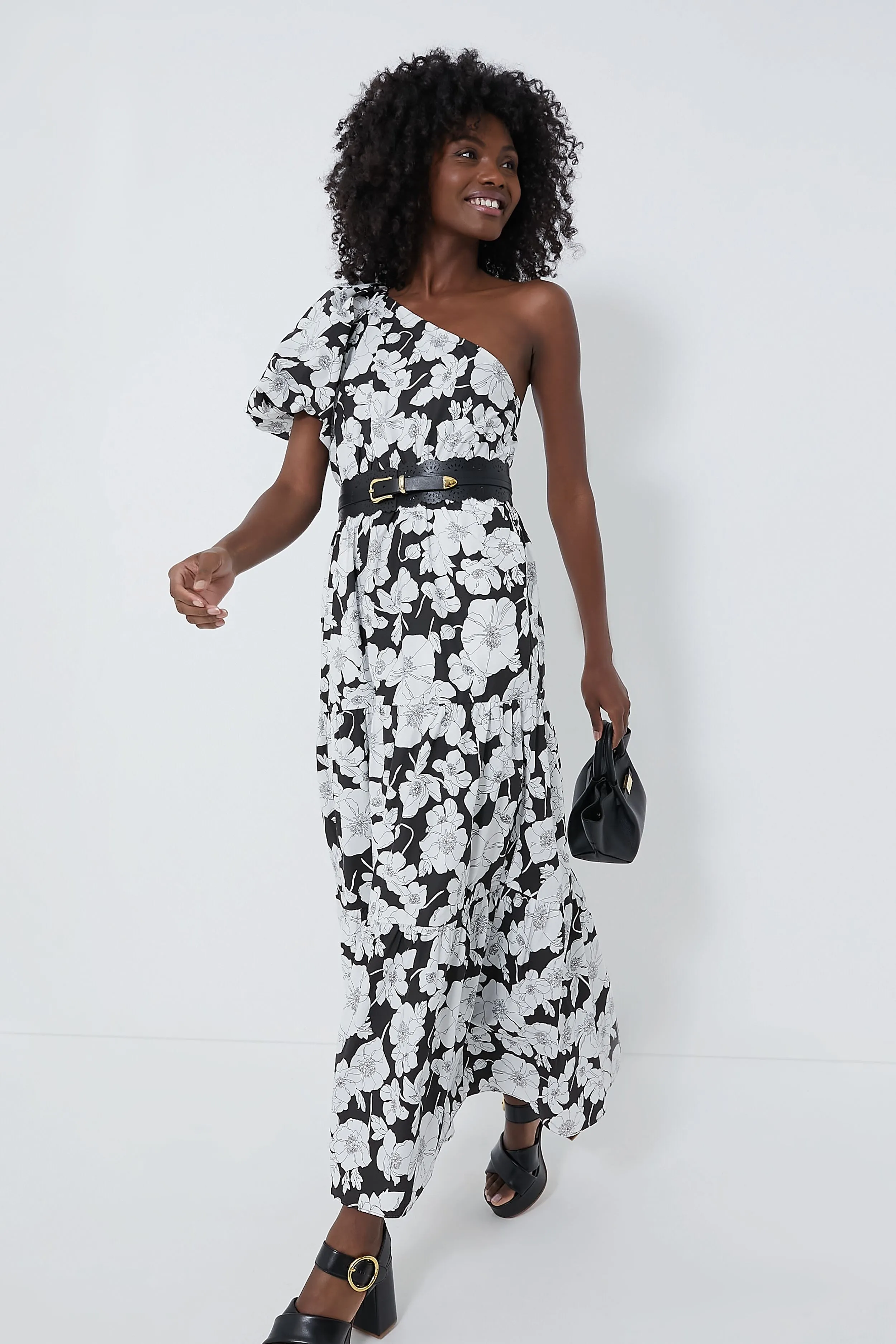 Black & White Floral One Shoulder Maureen Maxi Dress