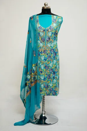 Blue Aari Work Salwar Kameez With Chinar Heavy Jaal Pattern And Designer Dupatta.