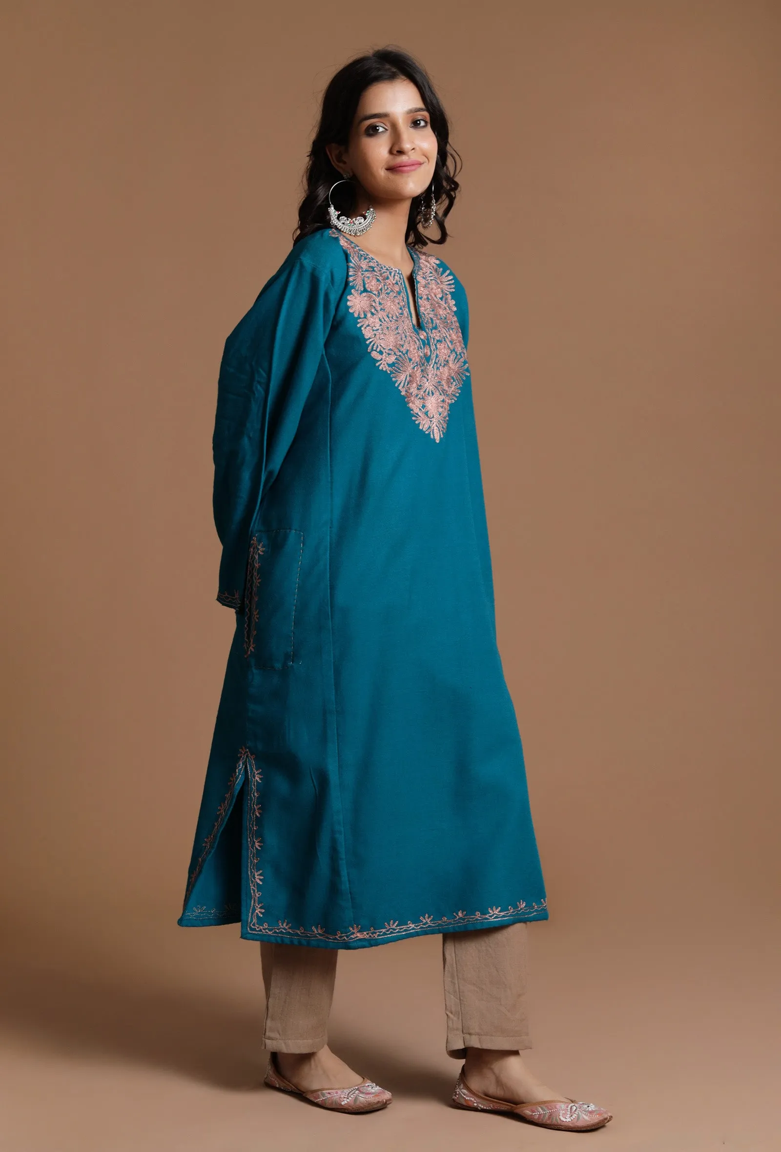 Chathams Blue Aari Embroidered Kashmiri Phiran-Free Size