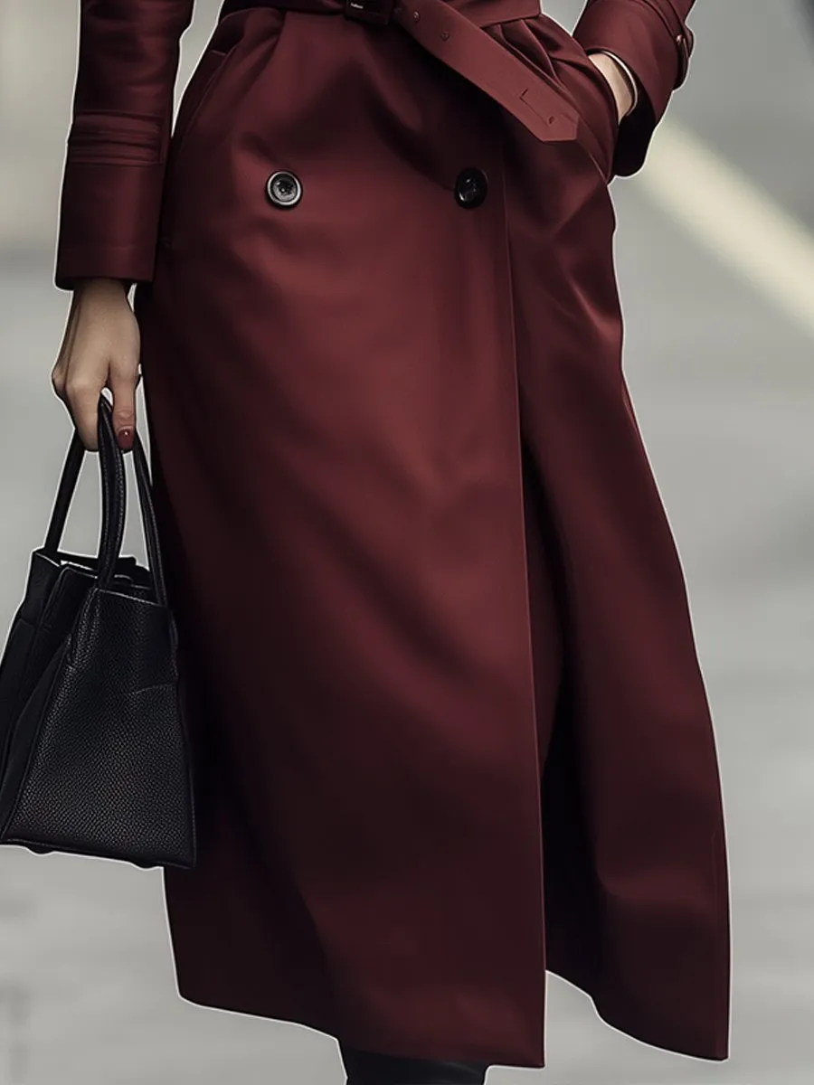 Classic Double-Breasted Belted Trench Coat In Burgundy