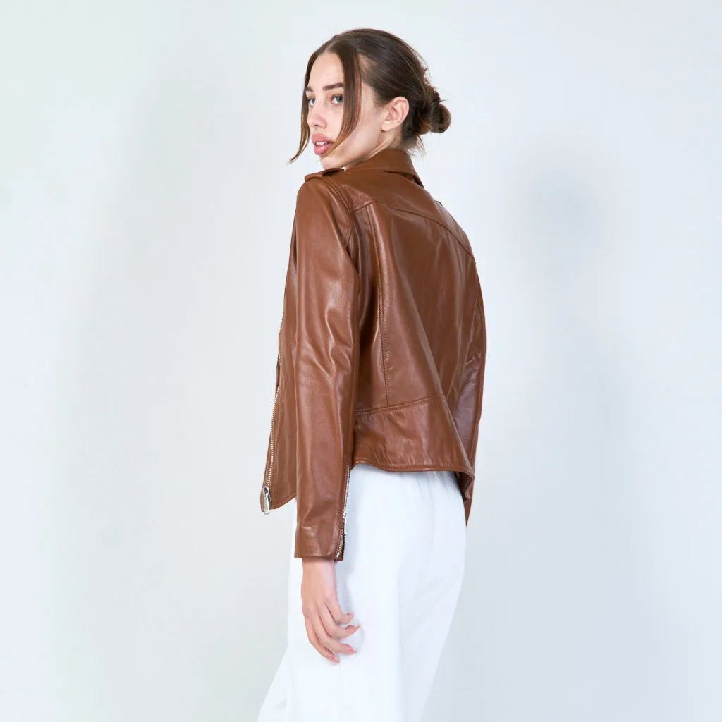 Classic moto leather jacket with zip details wholesale