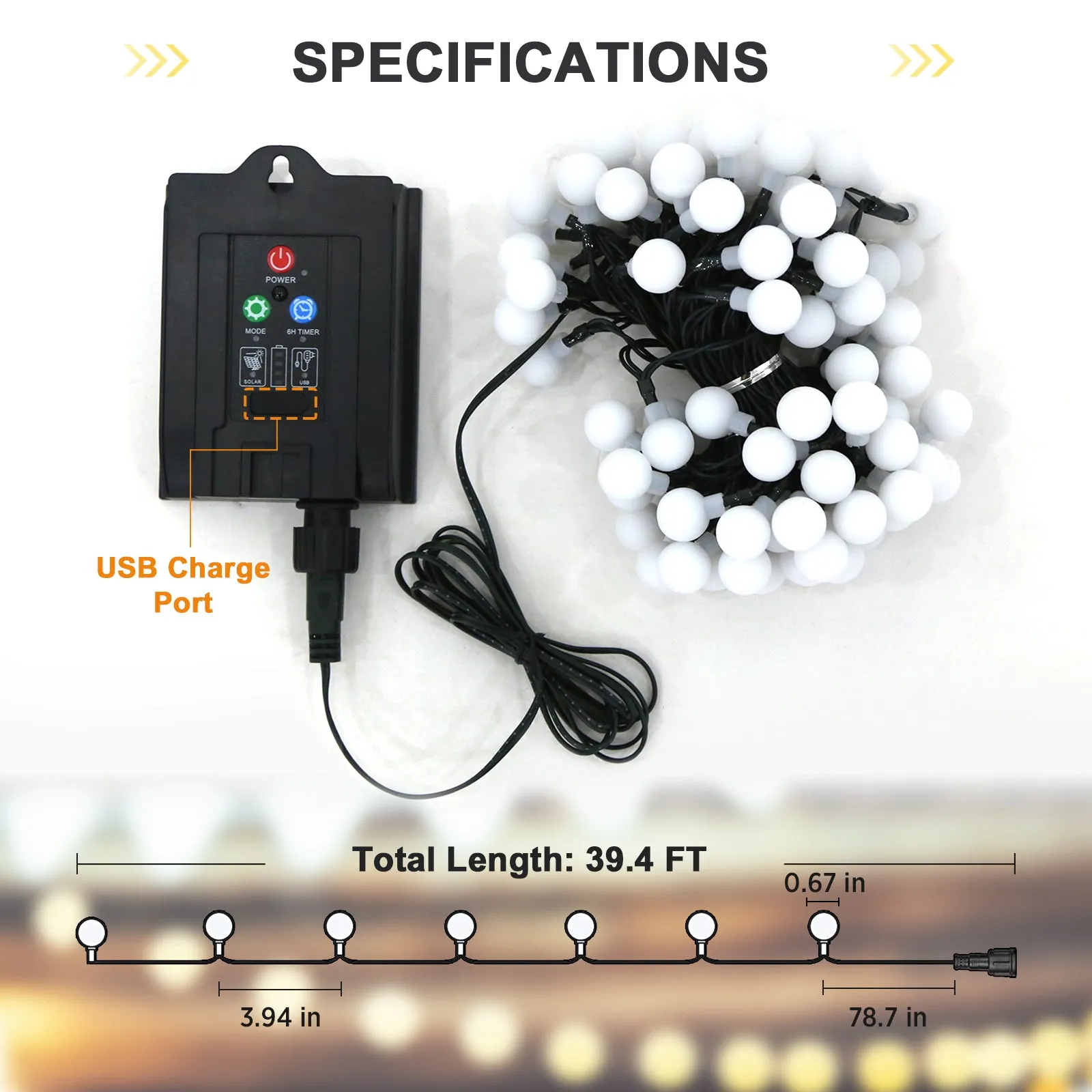 COOS BAY Solar-Powered LED Globe String Lights - Total 39FT with 100 LED, 8 Modes with Waterproof Remote, Warm White