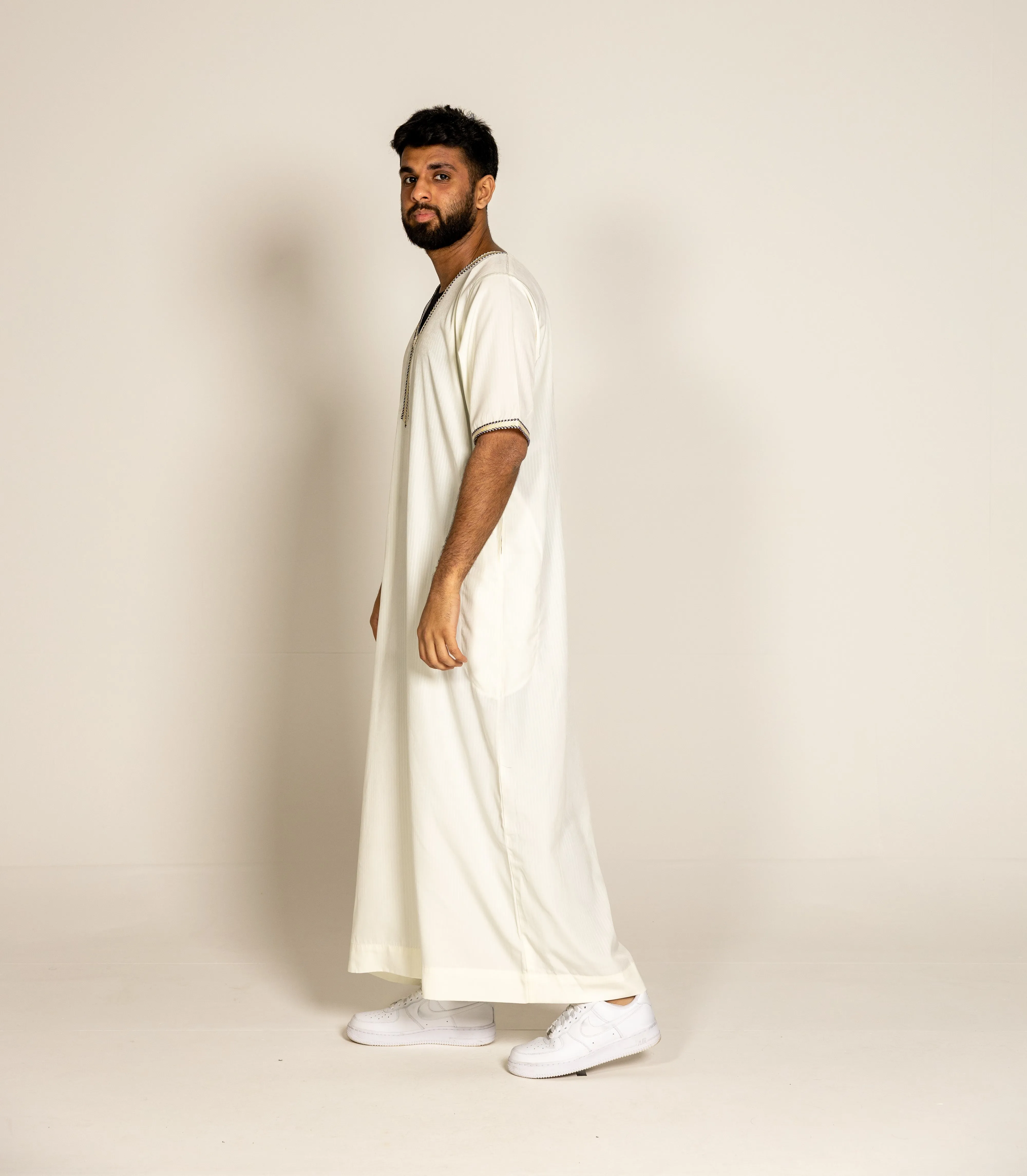 Cream Pinstriped Moroccan Style Half Sleeve Thobe Jubba Relaxed fit Low neck