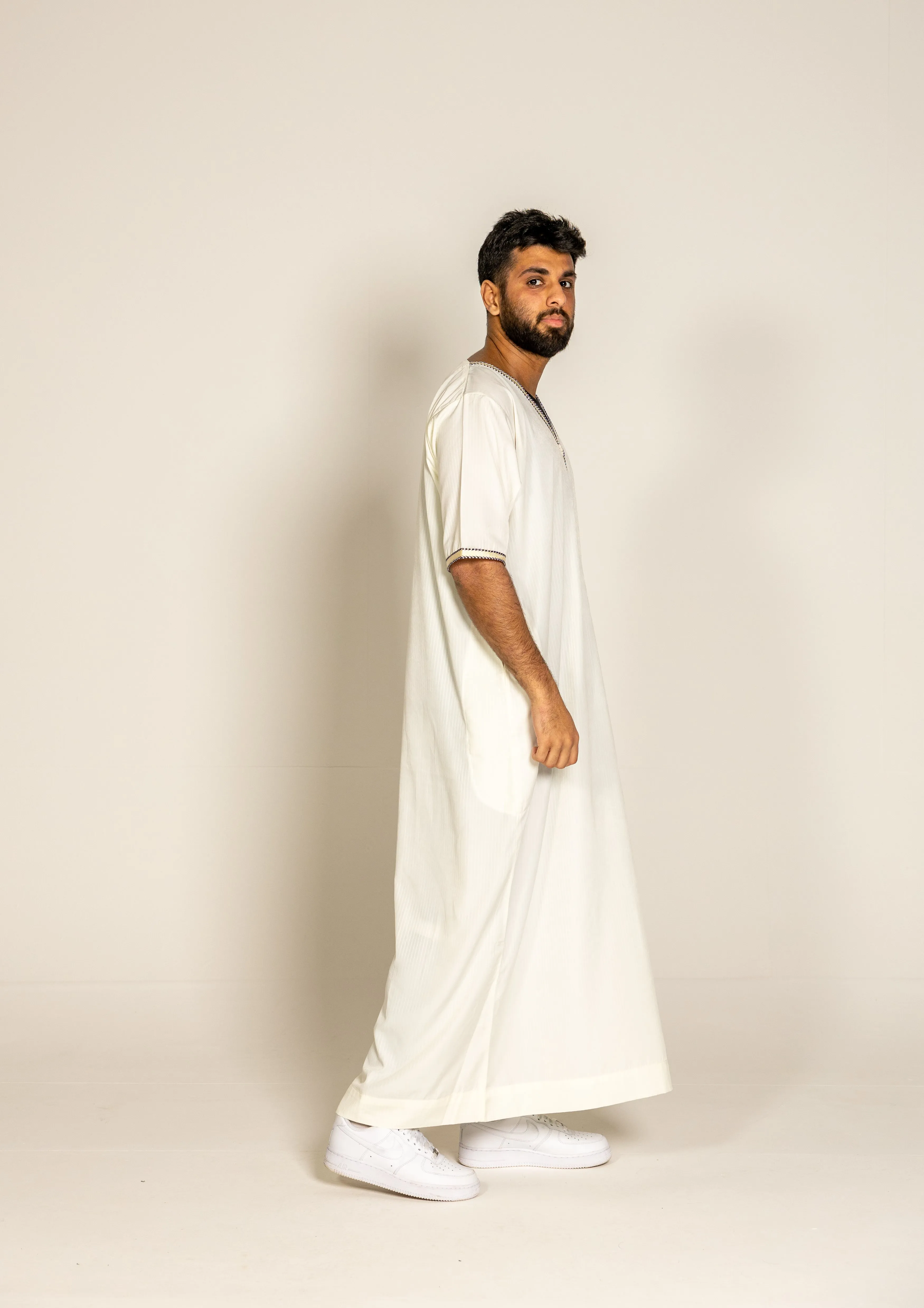 Cream Pinstriped Moroccan Style Half Sleeve Thobe Jubba Relaxed fit Low neck