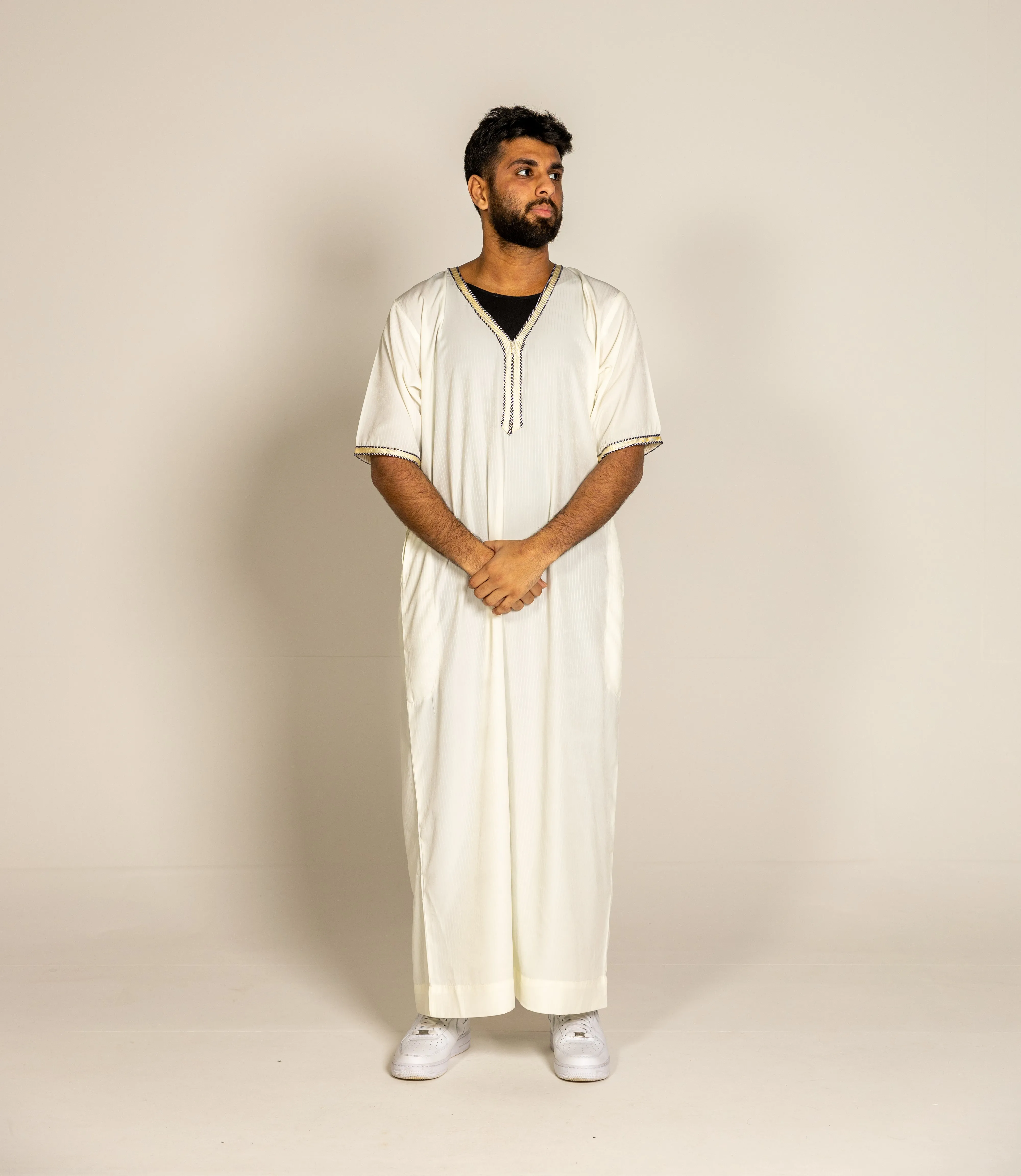 Cream Pinstriped Moroccan Style Half Sleeve Thobe Jubba Relaxed fit Low neck