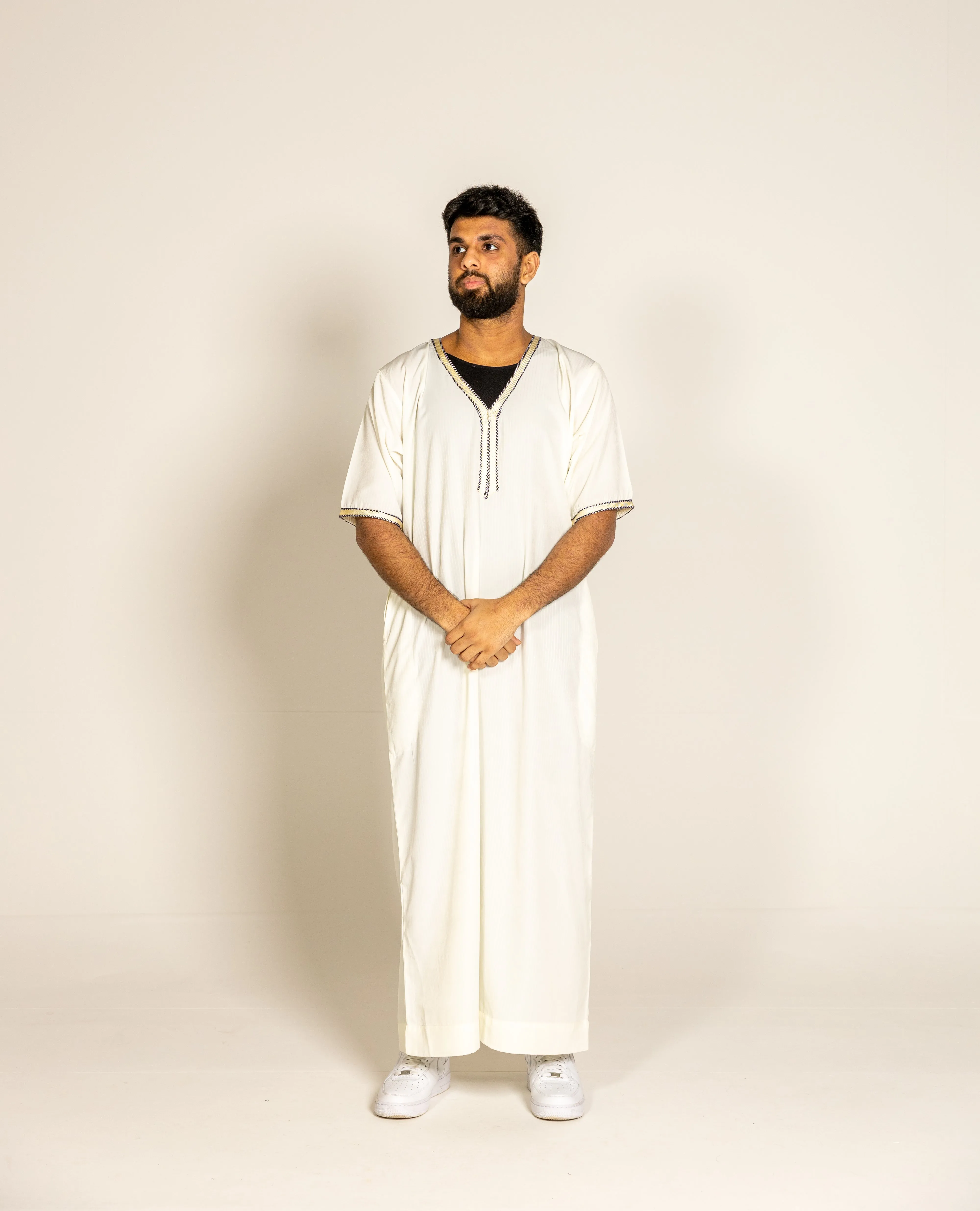 Cream Pinstriped Moroccan Style Half Sleeve Thobe Jubba Relaxed fit Low neck