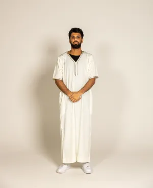 Cream Pinstriped Moroccan Style Half Sleeve Thobe Jubba Relaxed fit Low neck