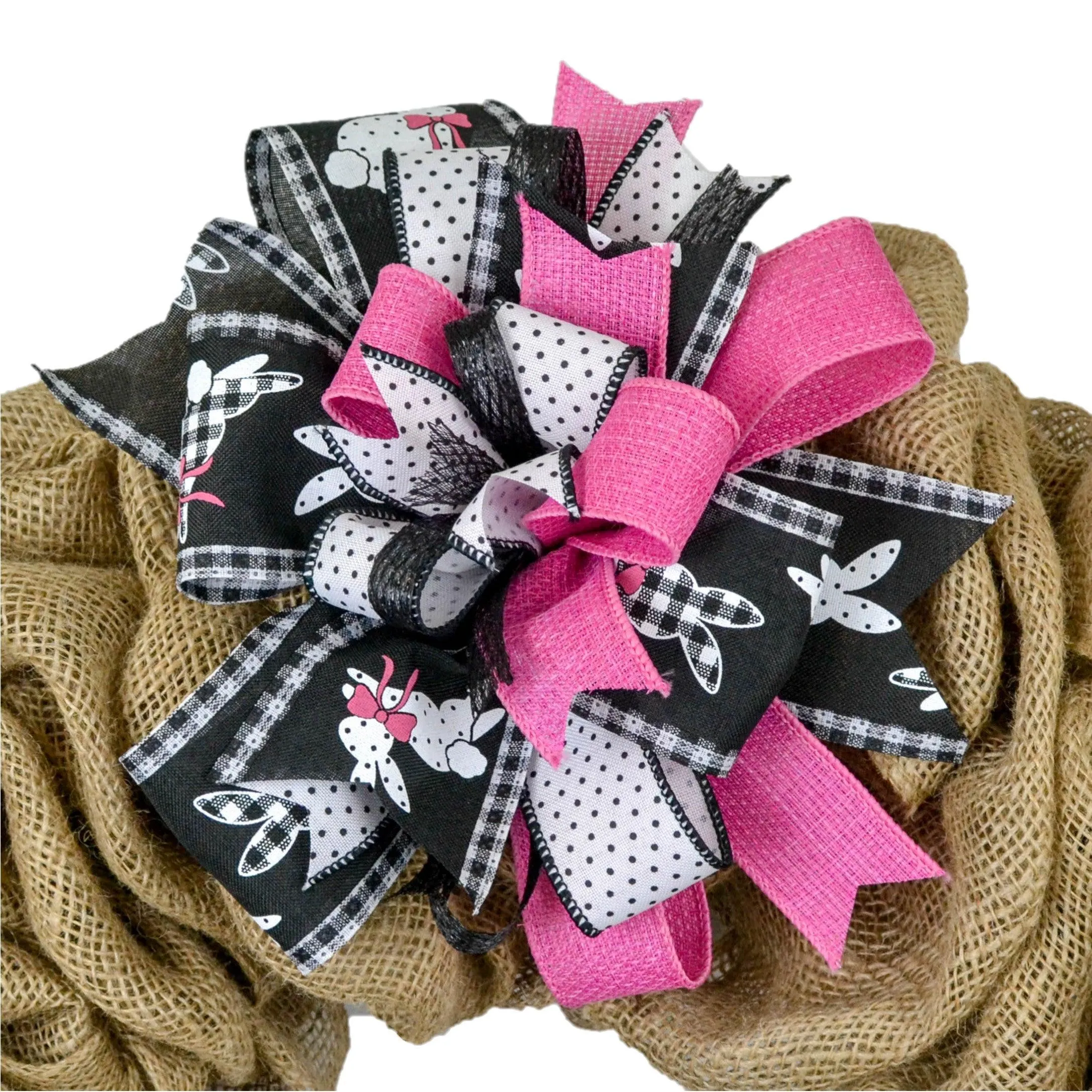 Easter Bunny Black Pink White Lantern Wreath Bow - Burlap Wreath Embellishment for Making Your Own - Layered Full Handmade Farmhouse Already Made (Easter (Black/Pink/White)