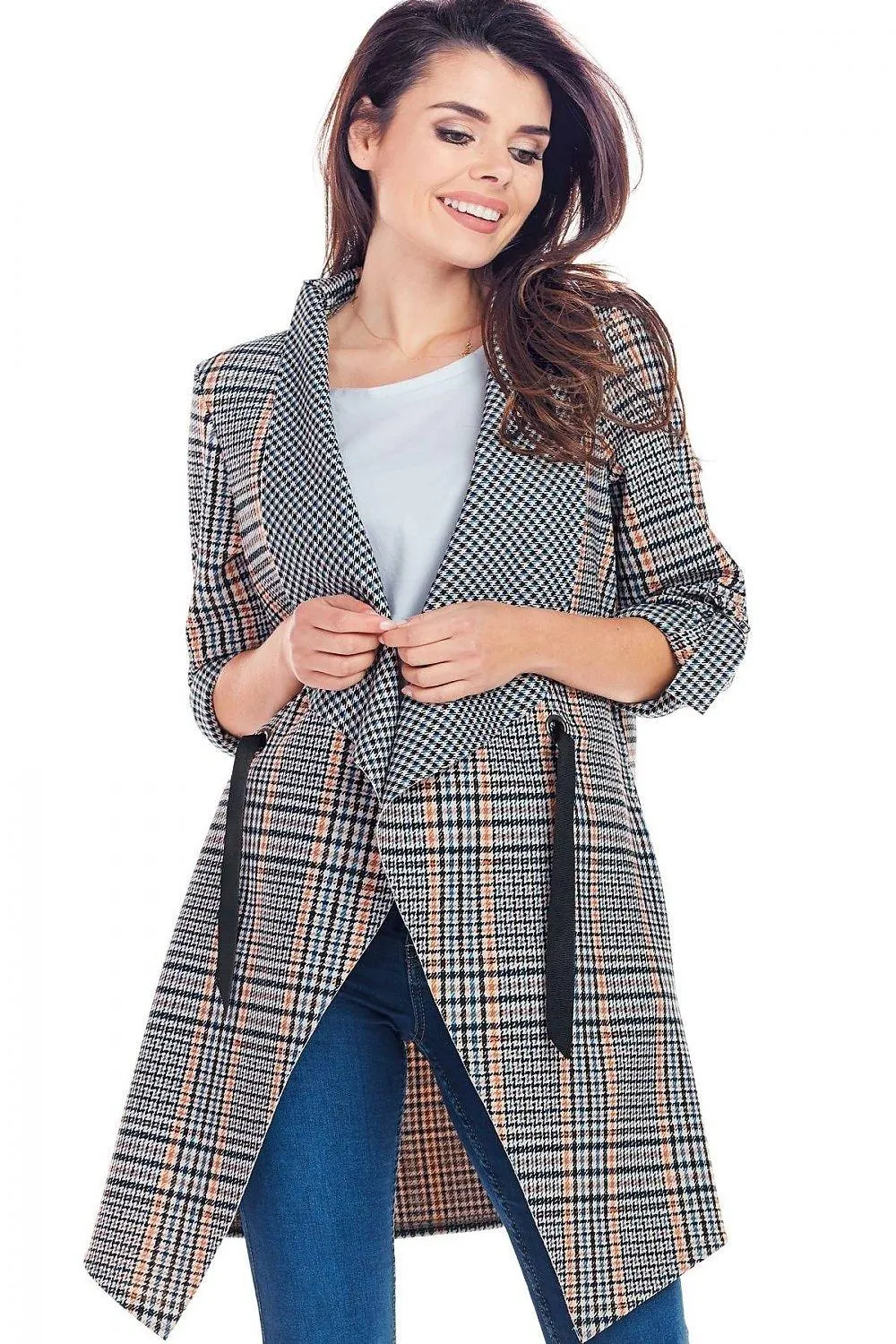 Elegant Adjustable Plaid Jacket with Decorative Sleeves & Waist Cinch