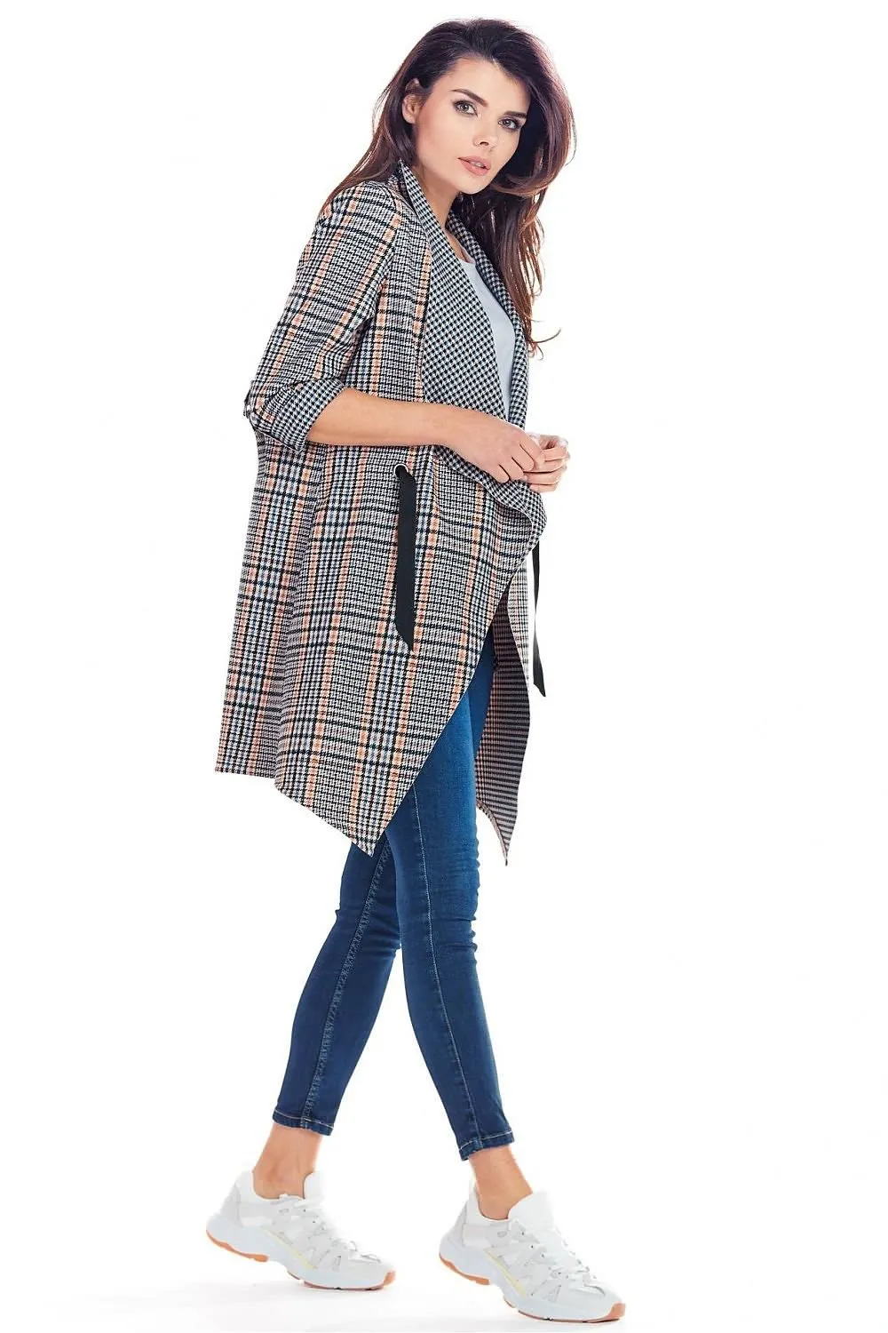 Elegant Adjustable Plaid Jacket with Decorative Sleeves & Waist Cinch