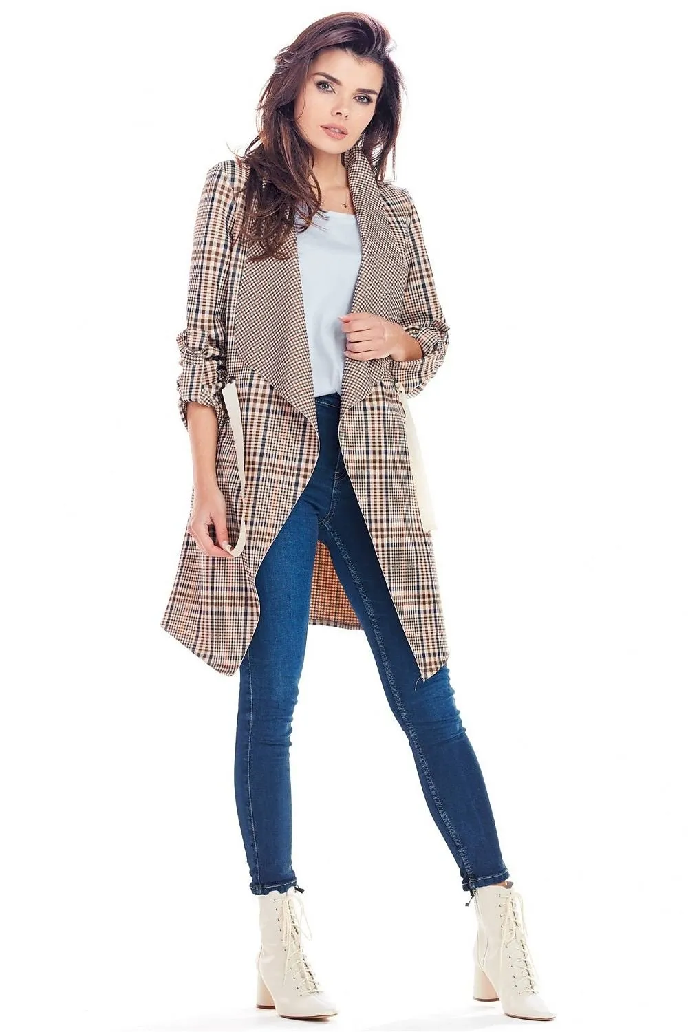 Elegant Adjustable Plaid Jacket with Decorative Sleeves & Waist Cinch