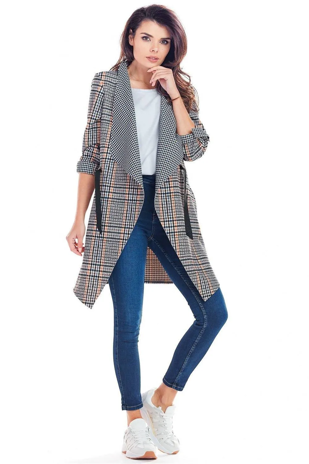 Elegant Adjustable Plaid Jacket with Decorative Sleeves & Waist Cinch