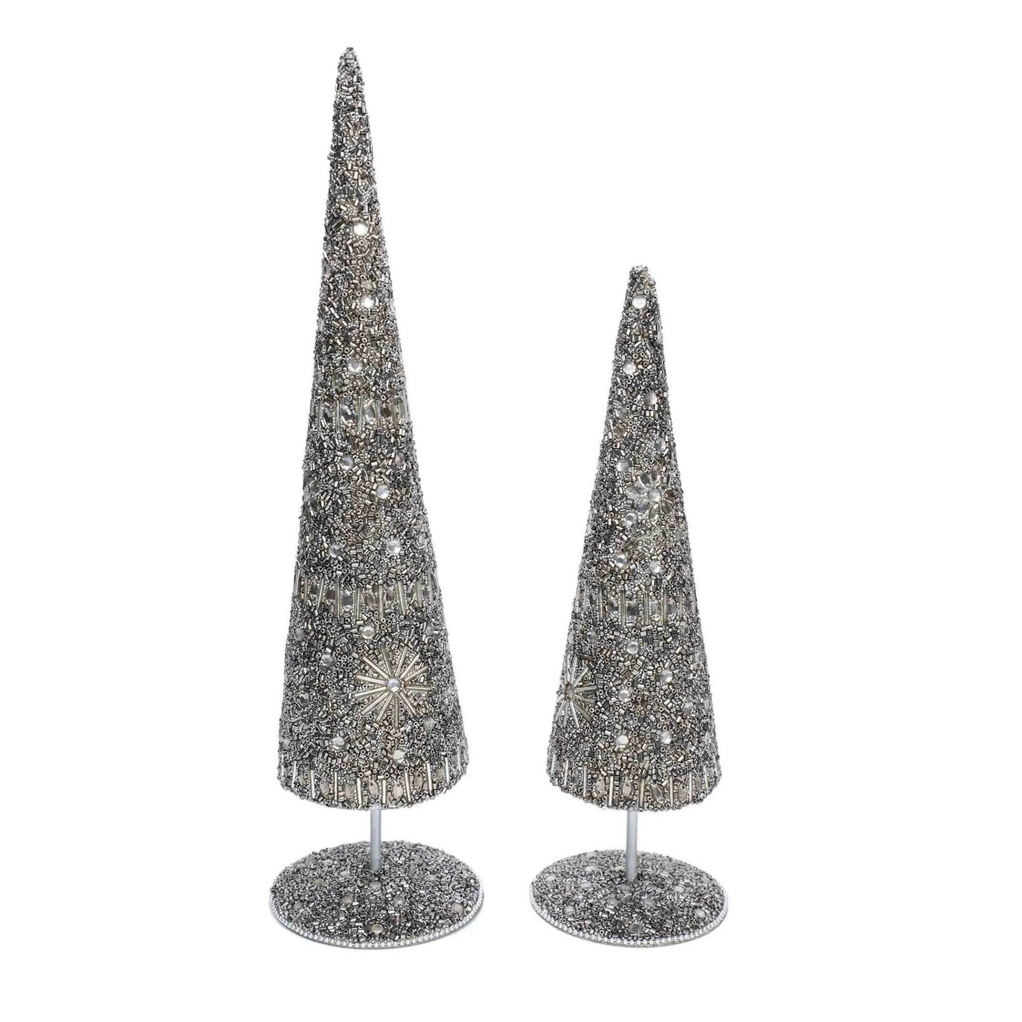 Enchanted Beaded Cone Christmas Tree in Silver, Set of 2