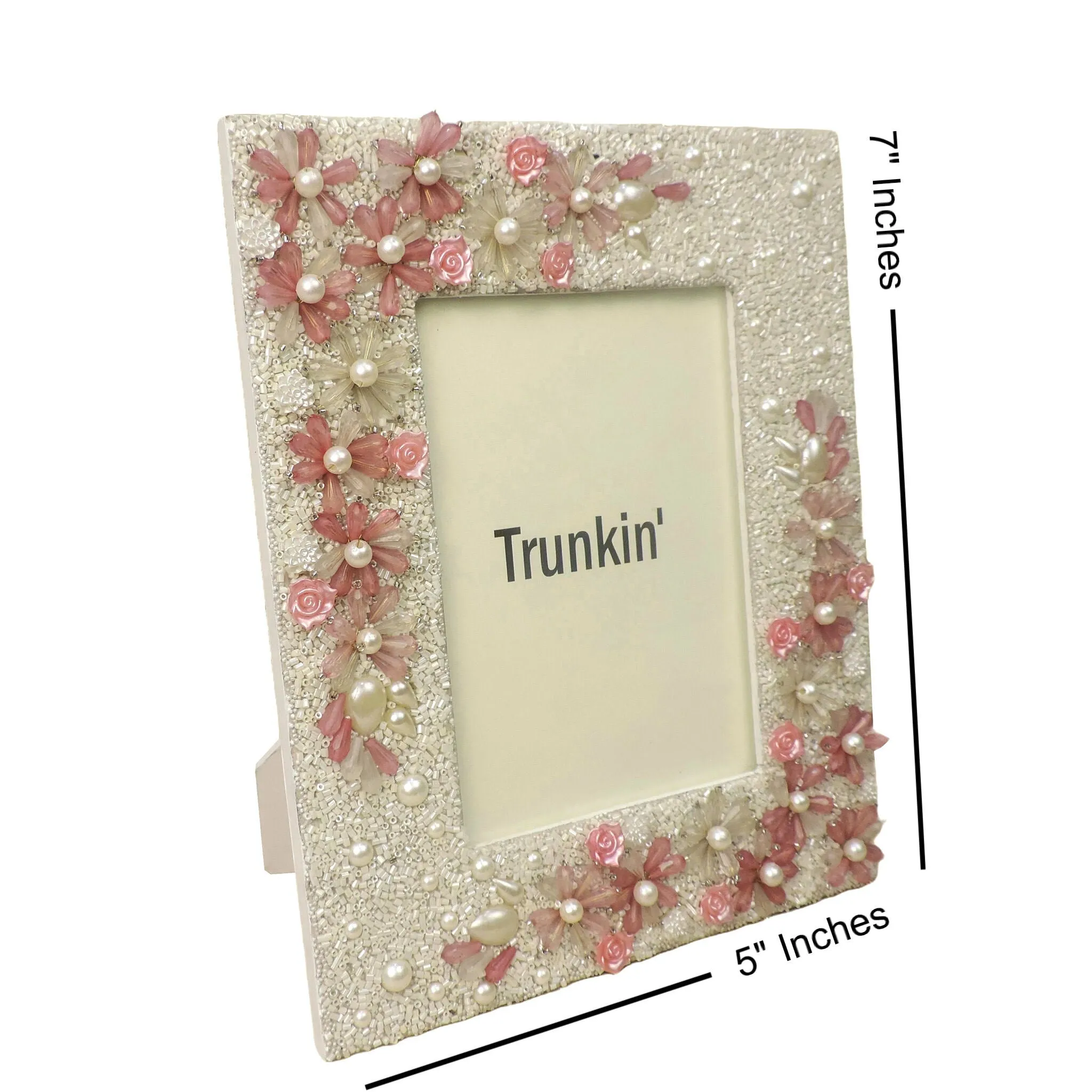 Floral Hand Beaded Photo Frame in White & Pink, 5" x 7" In