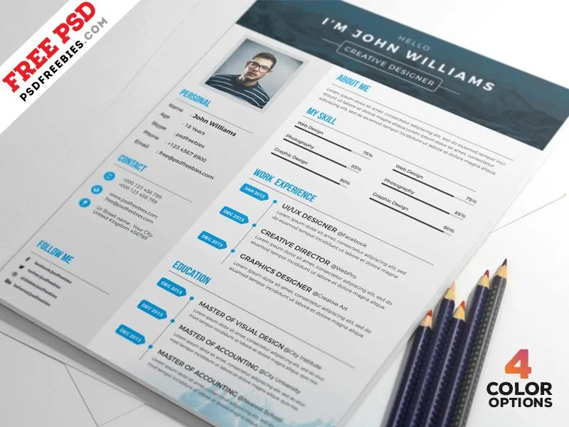 Free 4 Creative CV Resume Design Templates Set in Photoshop (PSD) Format