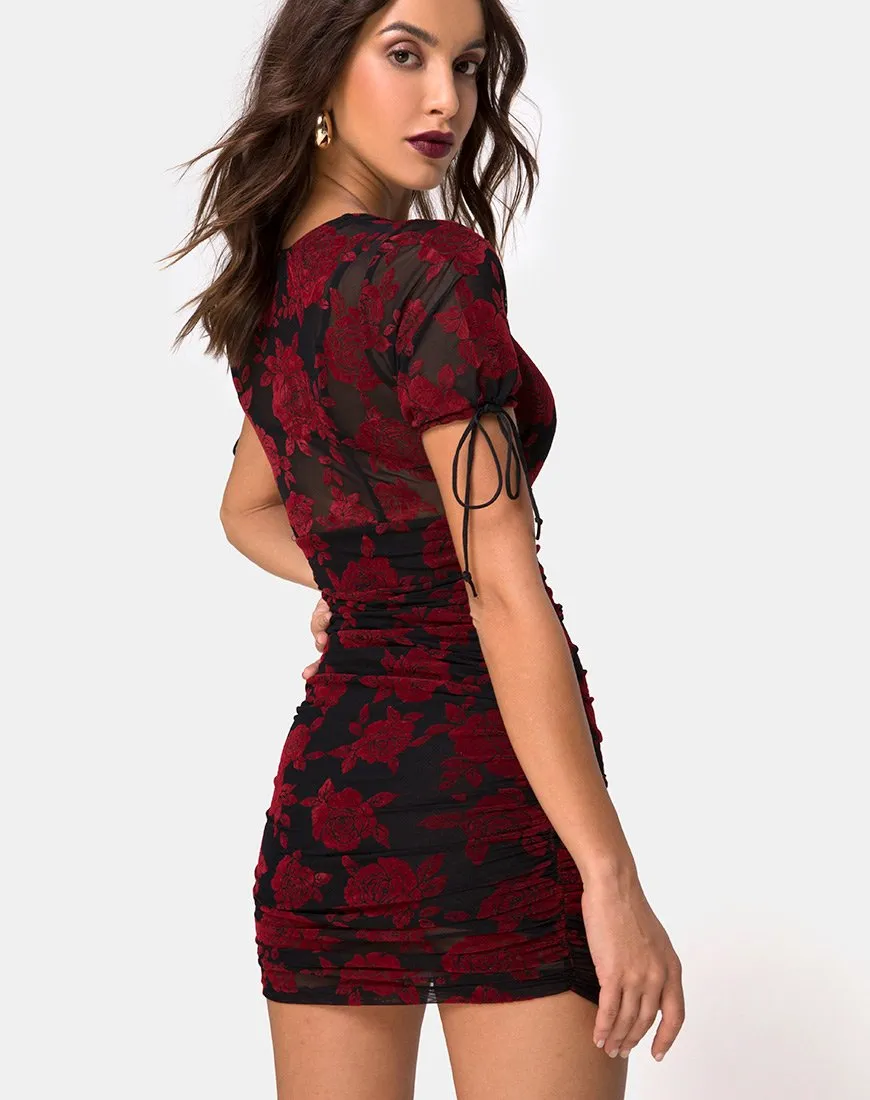 Guenetta Dress in Romantic Red Rose Flock