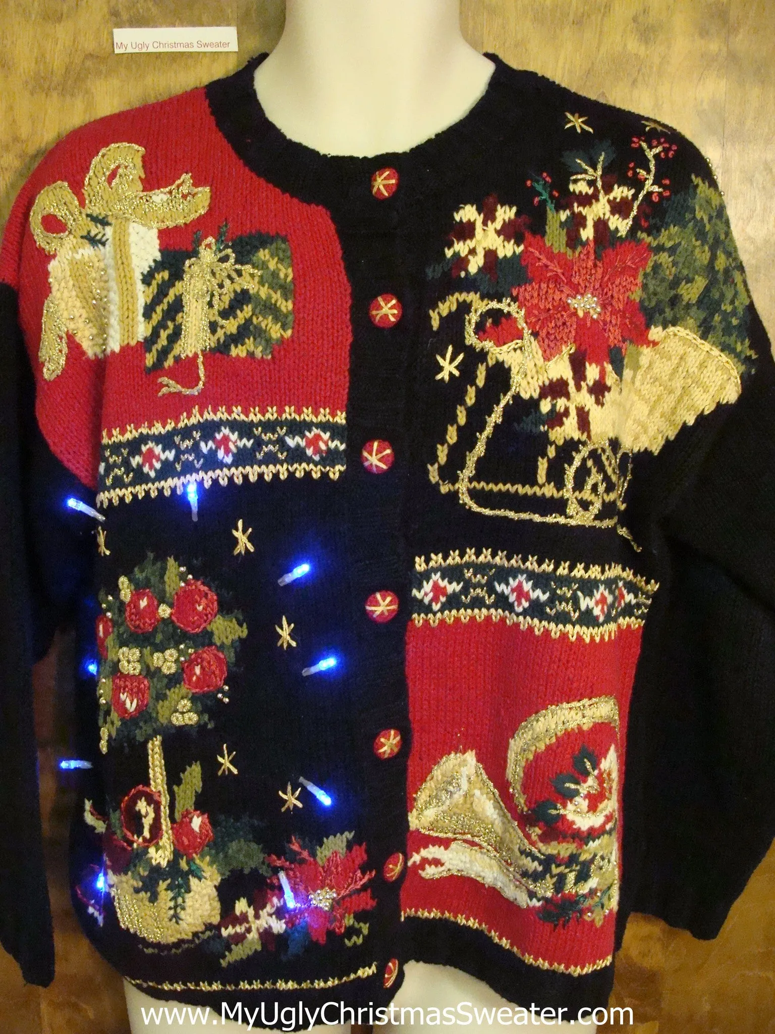 Horrible Gold, Red and Black Tacky Xmas Sweater with Lights