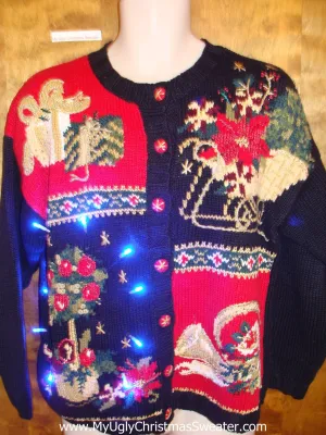 Horrible Gold, Red and Black Tacky Xmas Sweater with Lights