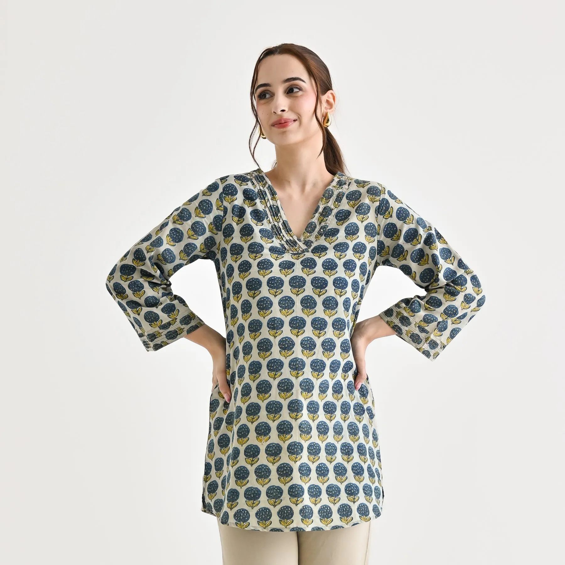 Indigo Sanganeri Inspired Floral Cotton Tunic with Pintuck Neckline