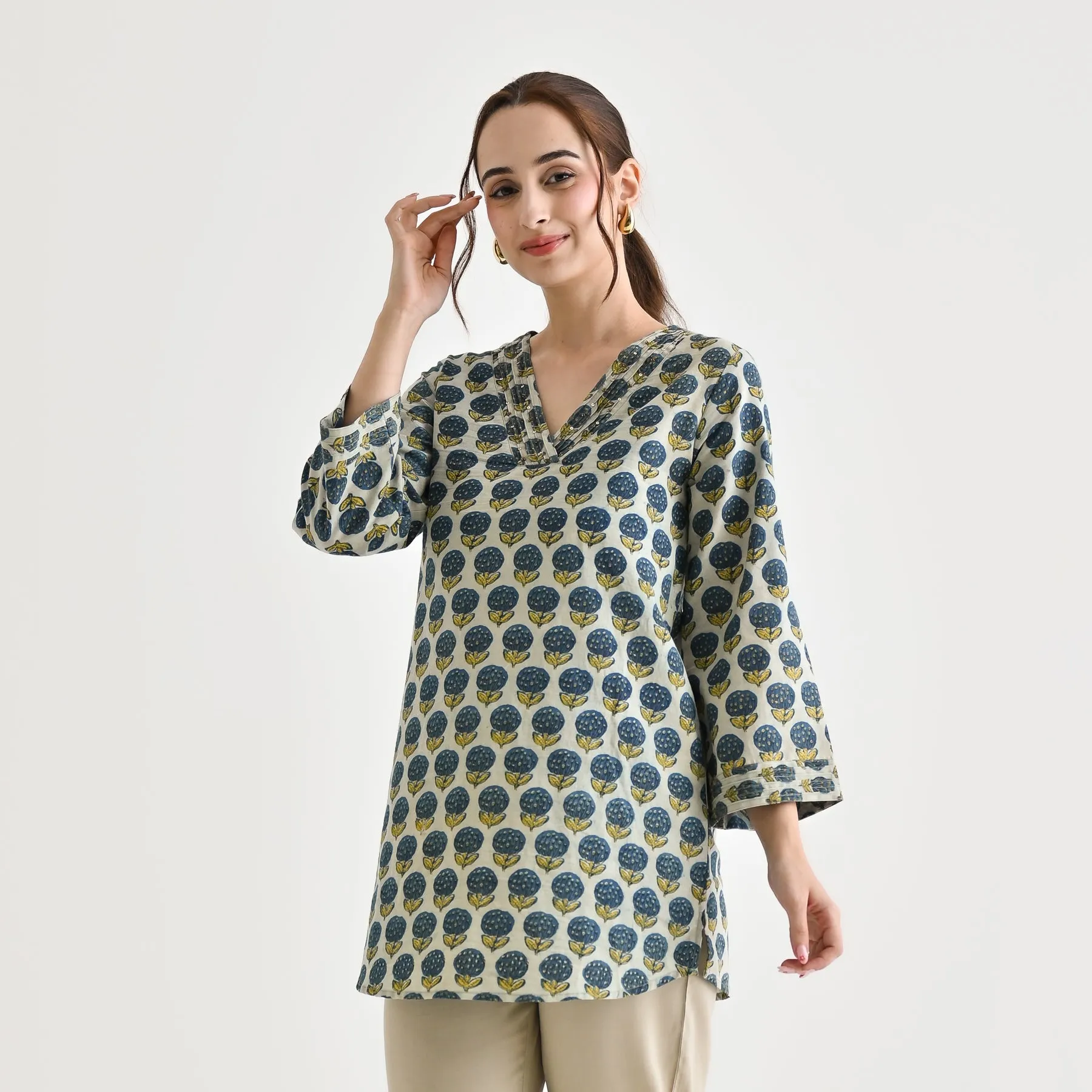 Indigo Sanganeri Inspired Floral Cotton Tunic with Pintuck Neckline