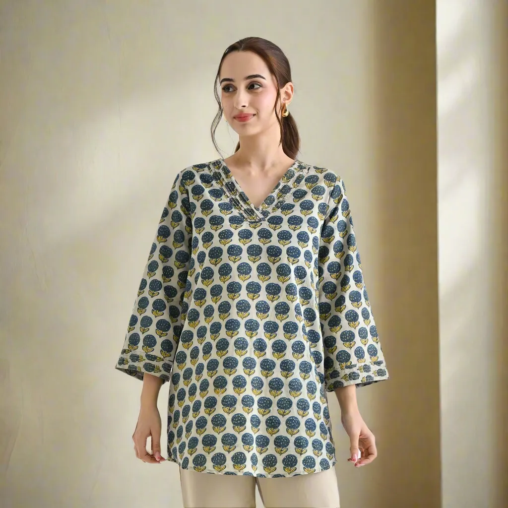 Indigo Sanganeri Inspired Floral Cotton Tunic with Pintuck Neckline