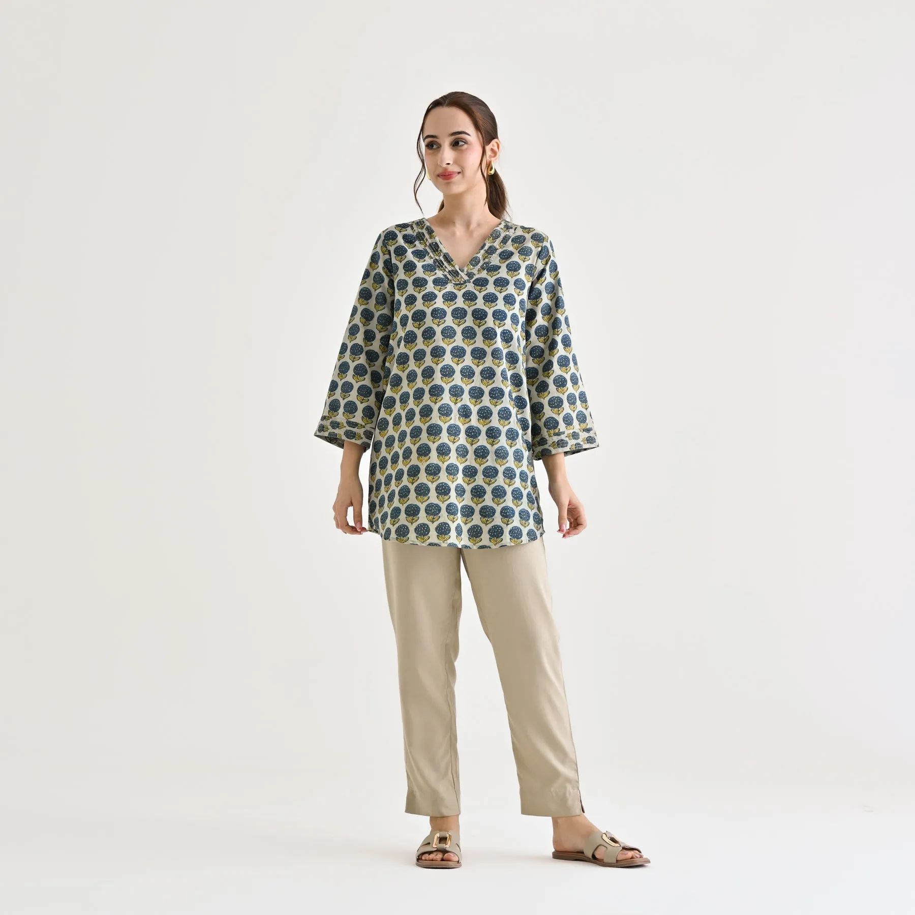 Indigo Sanganeri Inspired Floral Cotton Tunic with Pintuck Neckline