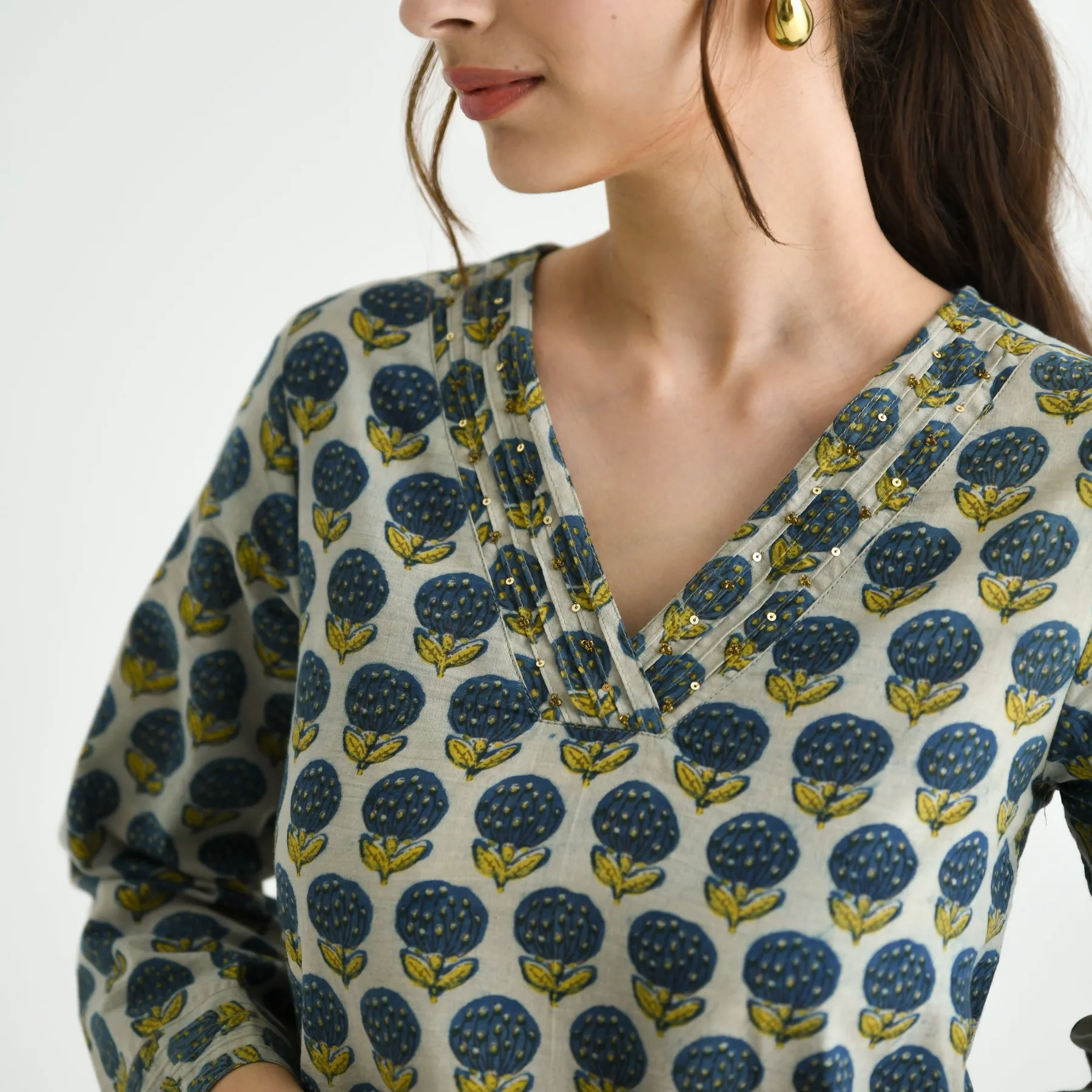 Indigo Sanganeri Inspired Floral Cotton Tunic with Pintuck Neckline