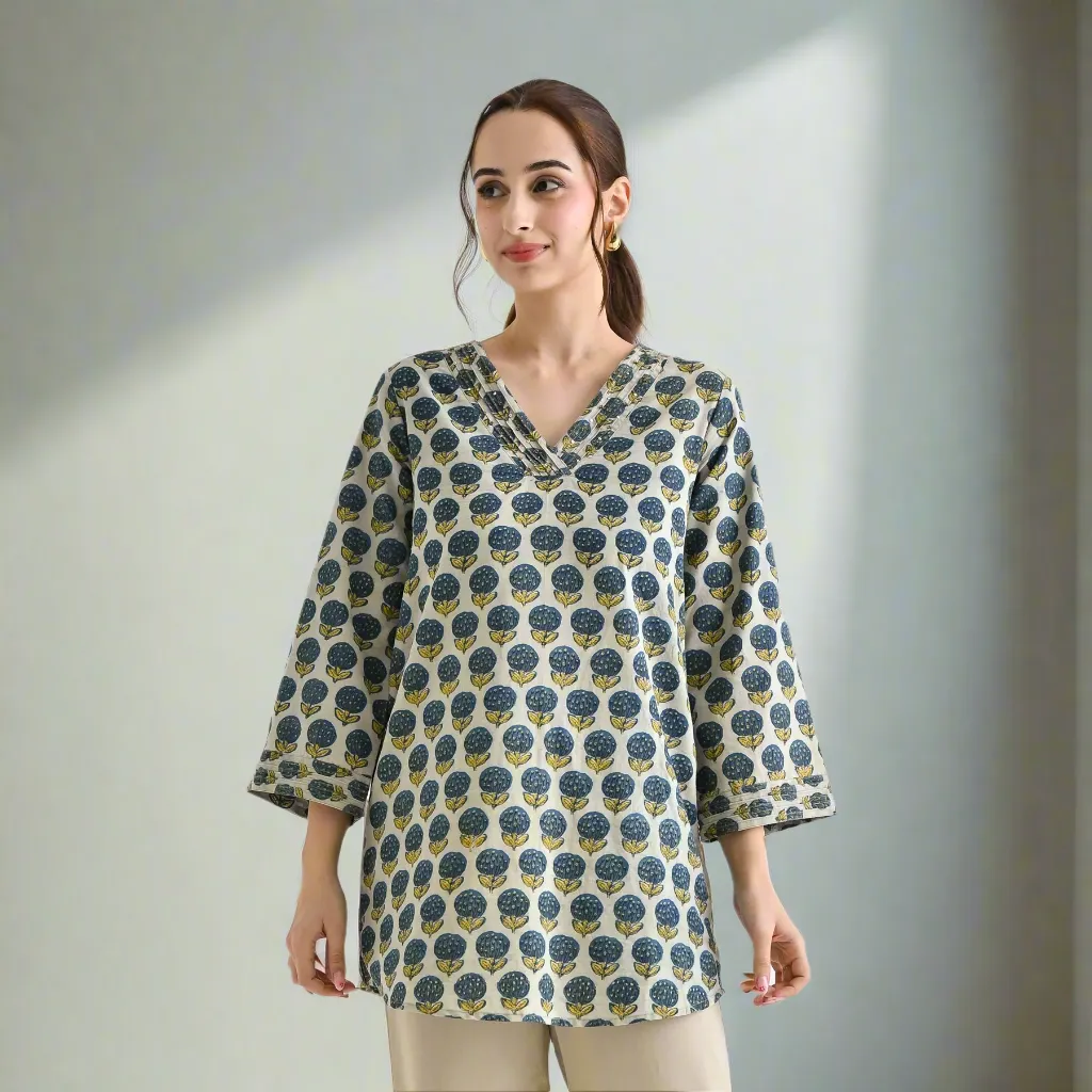 Indigo Sanganeri Inspired Floral Cotton Tunic with Pintuck Neckline