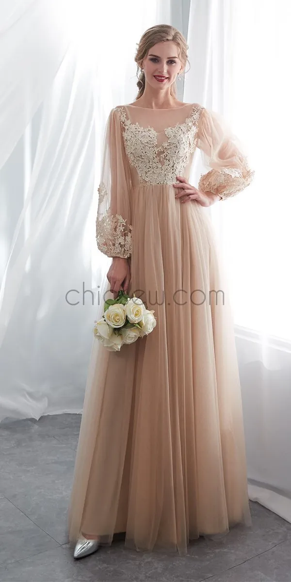 Long Sleeves Round Neck  Romantic Modest  Lace Applique  Long Prom Dress, Wedding Dresses LMX1156